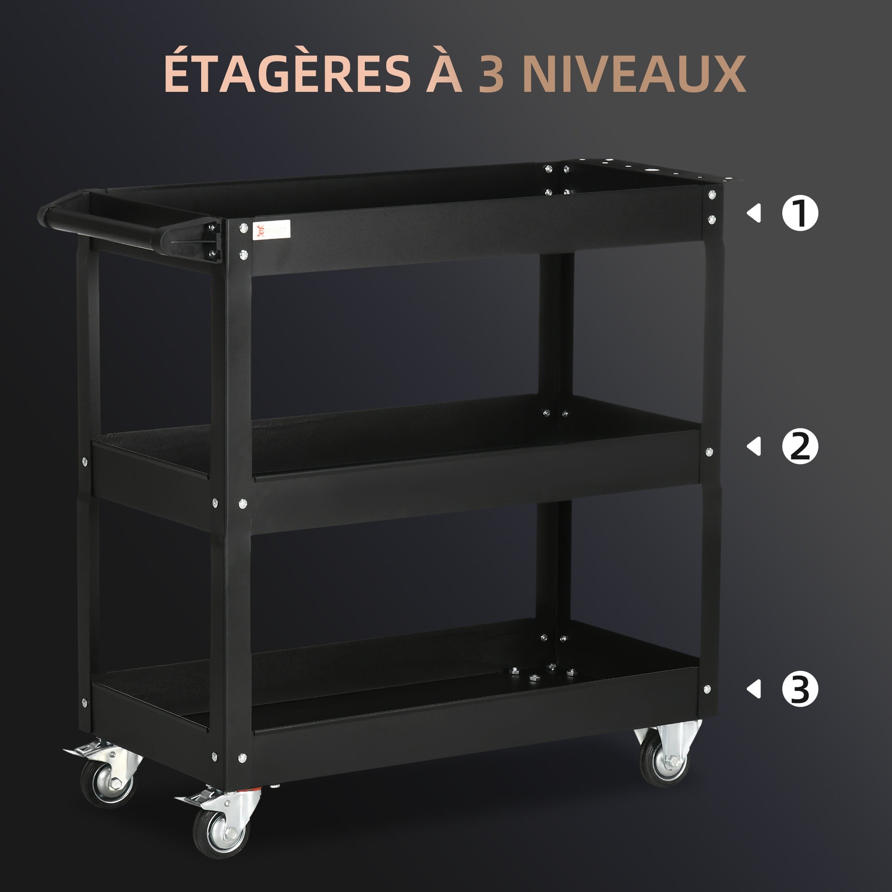 Chariot desserte d'atelier acier 3 plateaux sur roulettes avec poignée charge max. 150 kg 83 x 35,3 x 76 cm acier noir-3