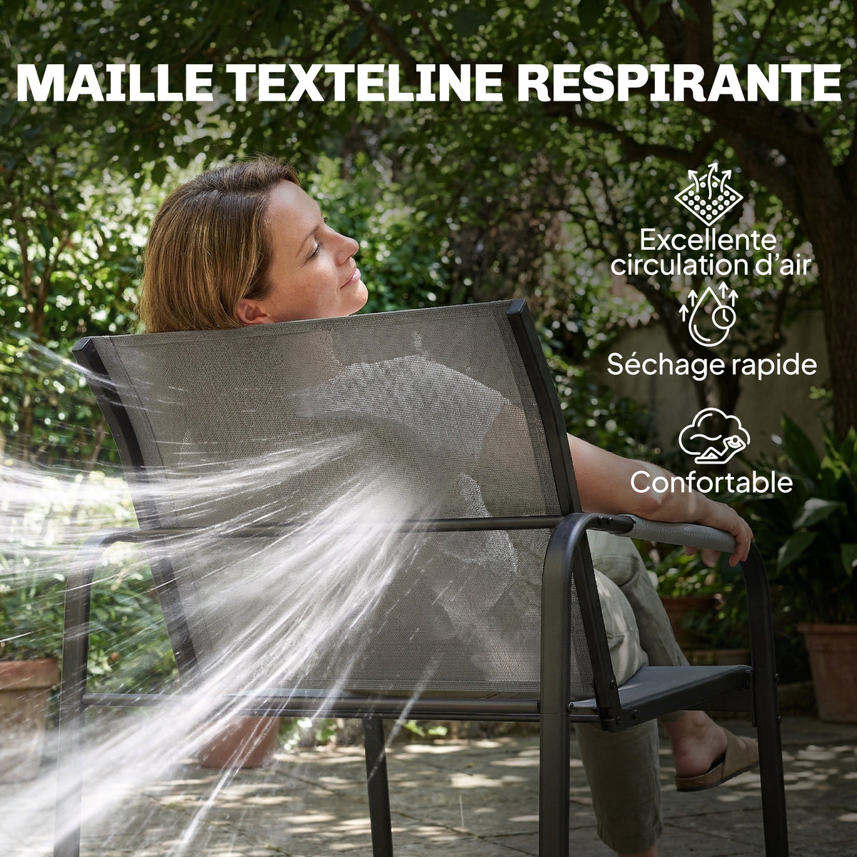 Salon de Jardin Ensemble de Terrasse en Acier et Textilène 4 Pièces avec Accoudoirs Corde Tressée Gris