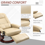 Fauteuil relax inclinable repose-pieds réglable pivotant 360° piètement bois revêtement PU respirant et doux crème