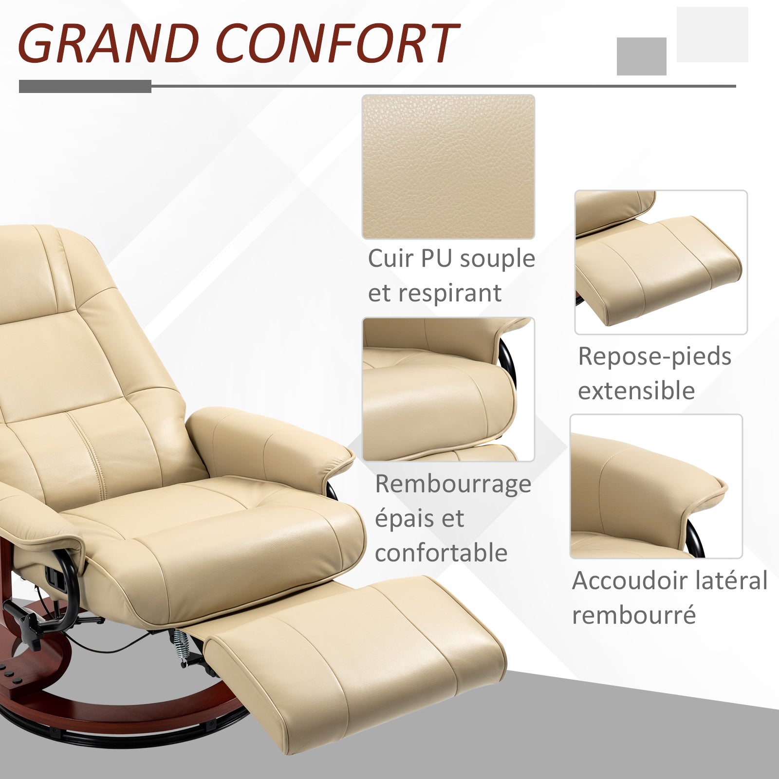 Fauteuil relax inclinable repose-pieds réglable pivotant 360° piètement bois revêtement PU respirant et doux crème