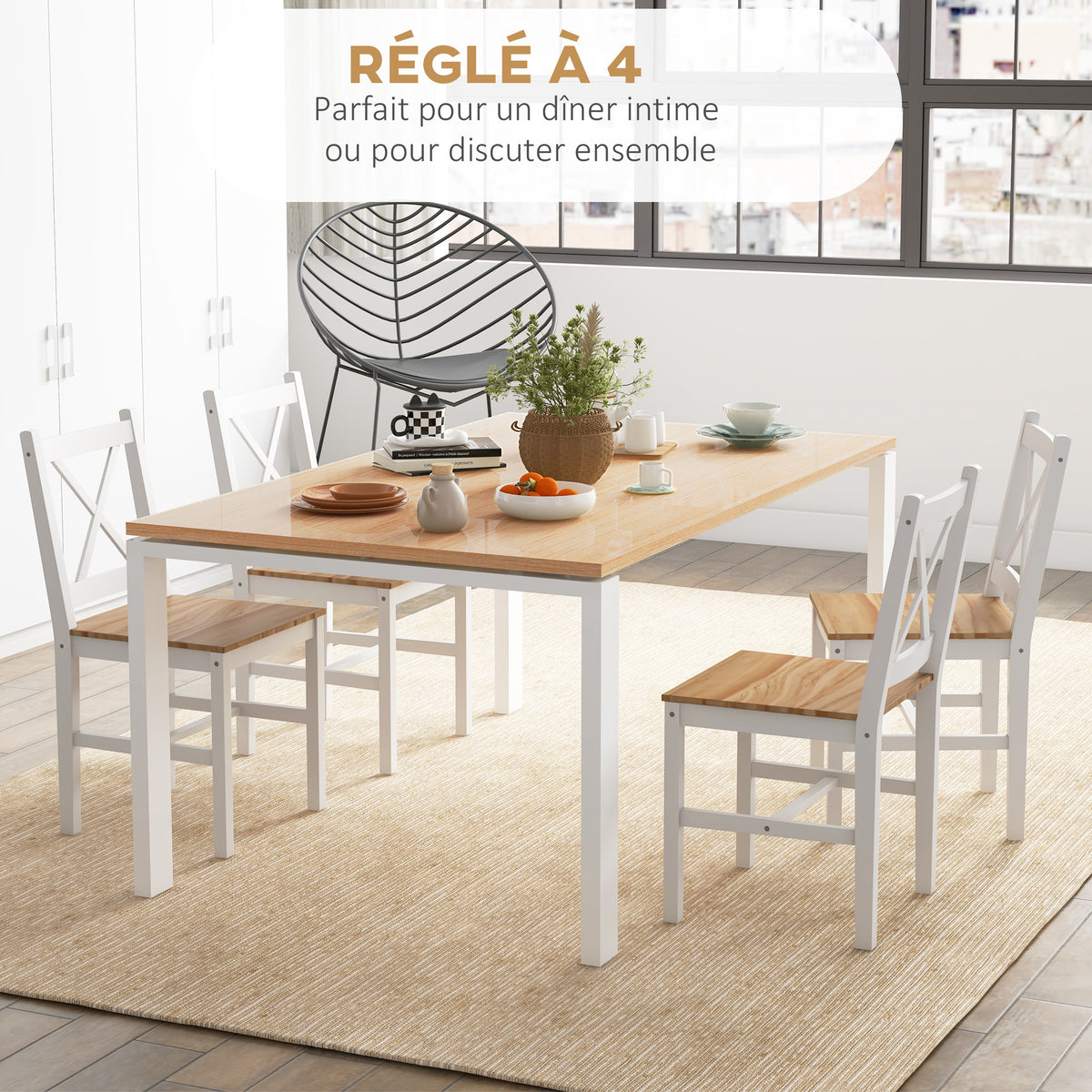 Set di 4 sedie dal design stile casa di campagna, struttura bianca – Perfette per sala da pranzo, cucina o soggiorno
