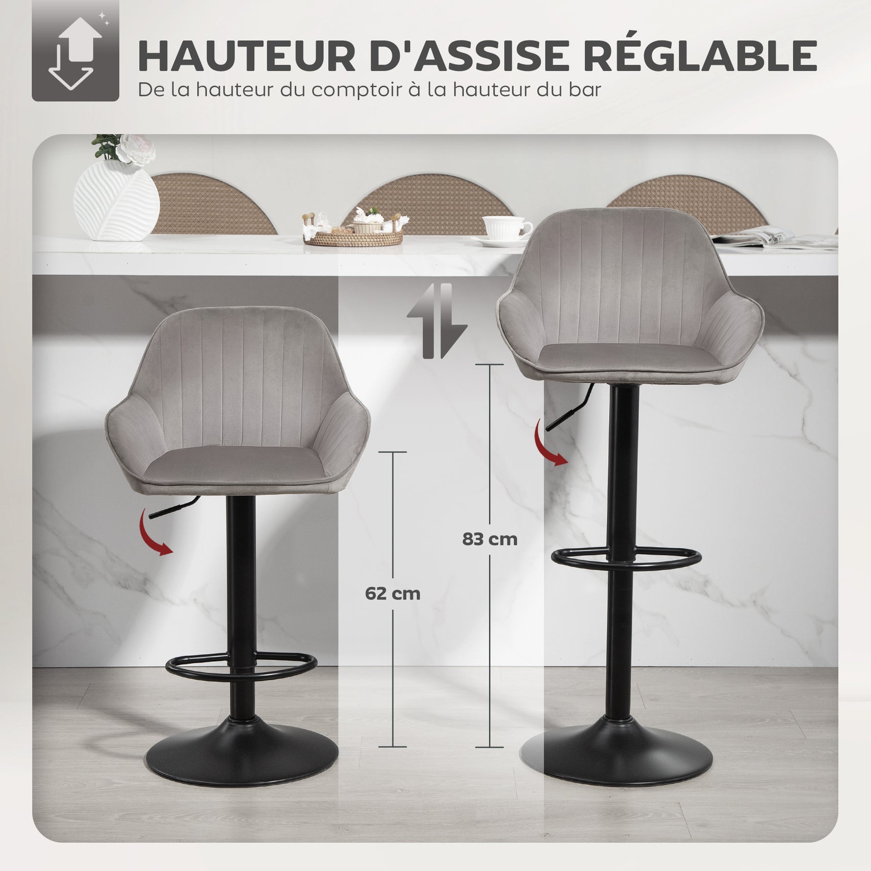 Lot de 2 tabourets de bar, chaises de bar en velours avec dossier, repose-pieds, hauteur réglable et pivotante gris