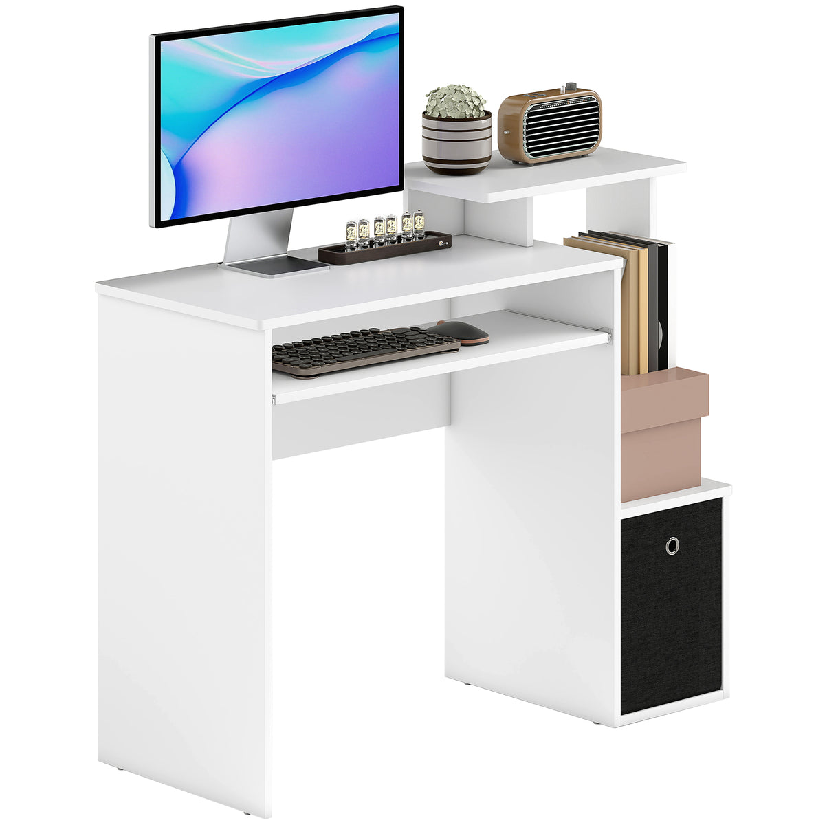Bureau Informatique multimédia étagères Tablette Clavier Panier Noir Panneaux Particules Blanc