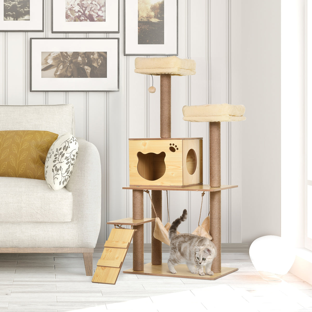 Arbre à chats design contemporain griffoirs grattoirs sisal naturel niche plate-formes hamac boule beige