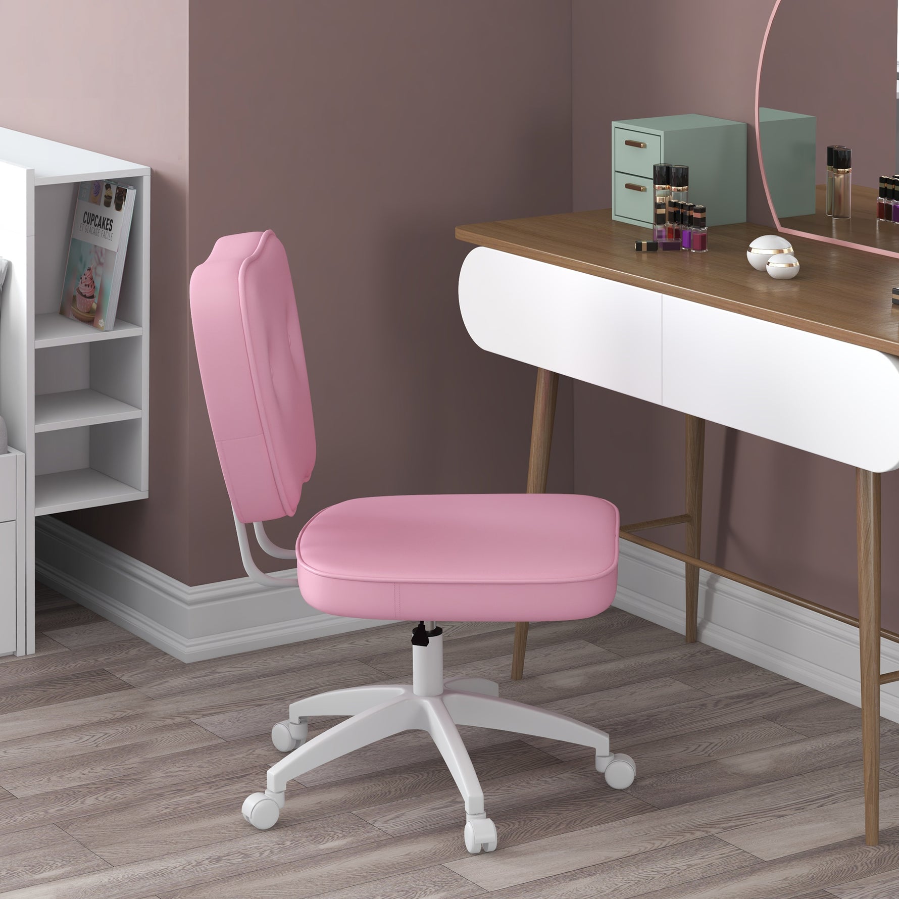 Chaise de bureau sans accoudoirs, fauteuil de bureau, hauteur réglable, pivotant 360°, 46 x 59 x 82-92 cm, rose