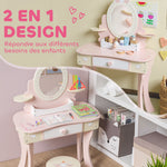 Coiffeuse enfant fille table de maquillage 2 en 1 avec 7 accessoires de jeu miroir en acrylique 59,8x29,6x89,8cm rose