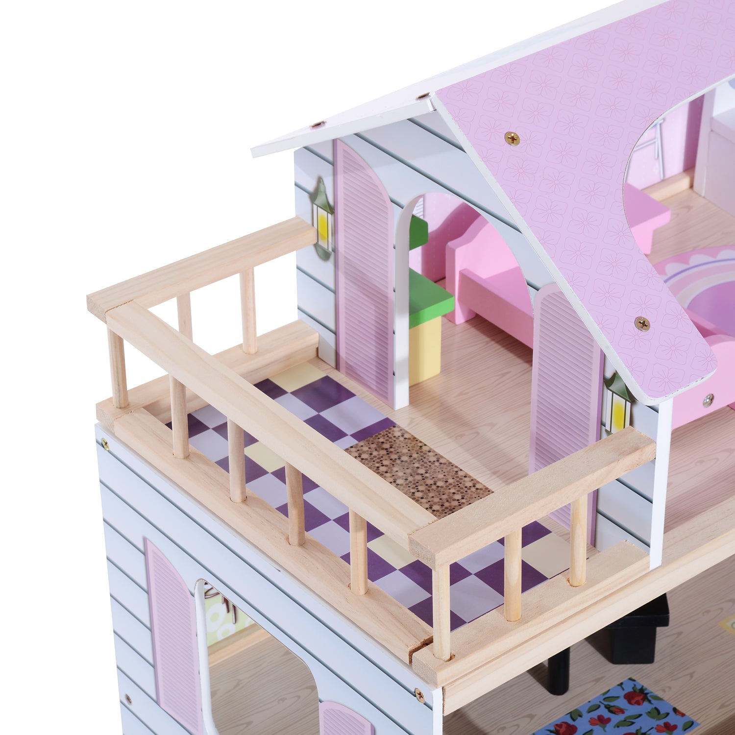 Maison de poupée en Bois Jeu d'imitation 4 Étages pour 3+ ans avec 13 Accessoires Grand réalisme Multi-équipement 60L x 30l x 80H cm Blanc et Rose