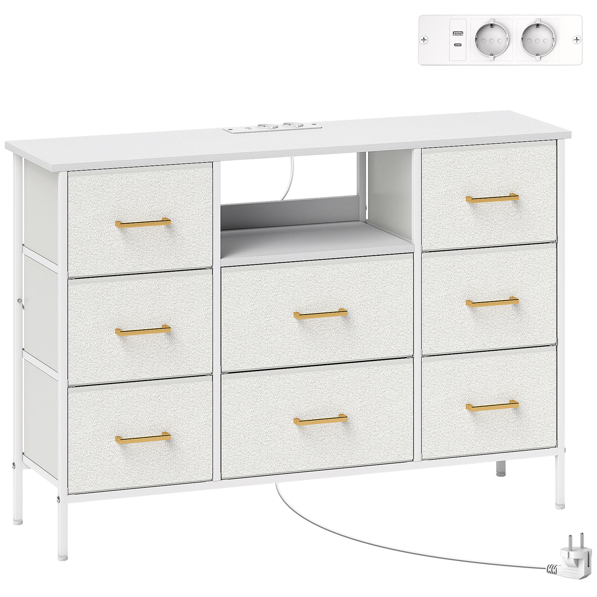Commode 8 tiroirs en tissu bouclette, meuble de rangement avec 2 prises de courant, structure en acier 110x30x76cm crème