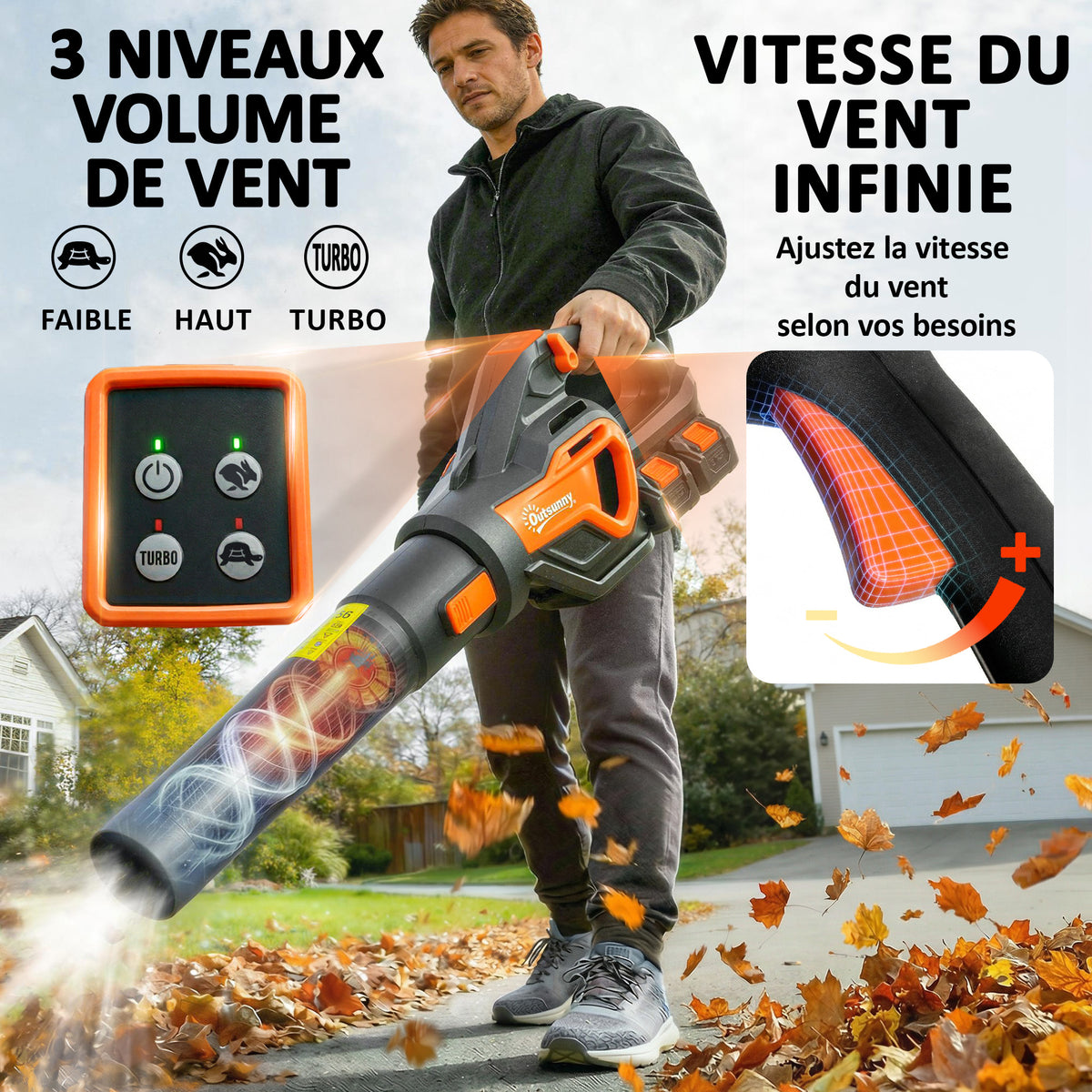 Souffleur de Feuilles sans Fil avec Moteur Brushless 900W Batterie 36v (2x4,0Ah) Puissant 15,2 m³/min Orange et Noir