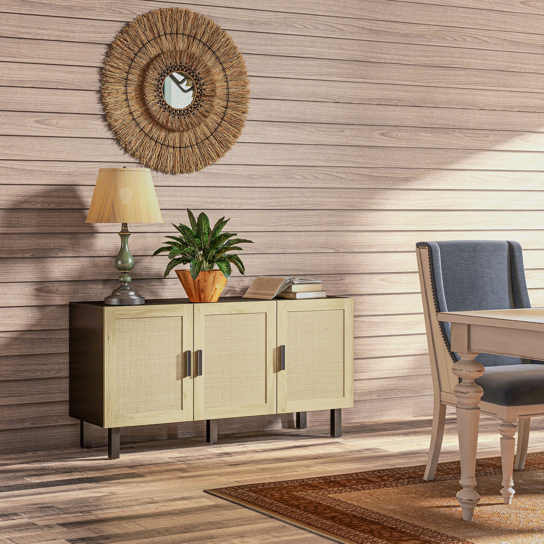 Meuble de rangement avec placards à portes effet cannage, étagères réglables, 136 x 41 x 70 cm, noir et bois naturel
