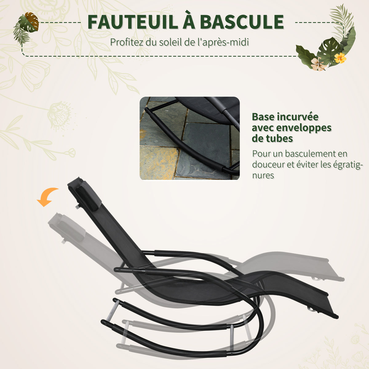 Chaise longue à bascule rocking chair ergonomique avec tétière accoudoirs métal galvanisé textilène 62l x 150P