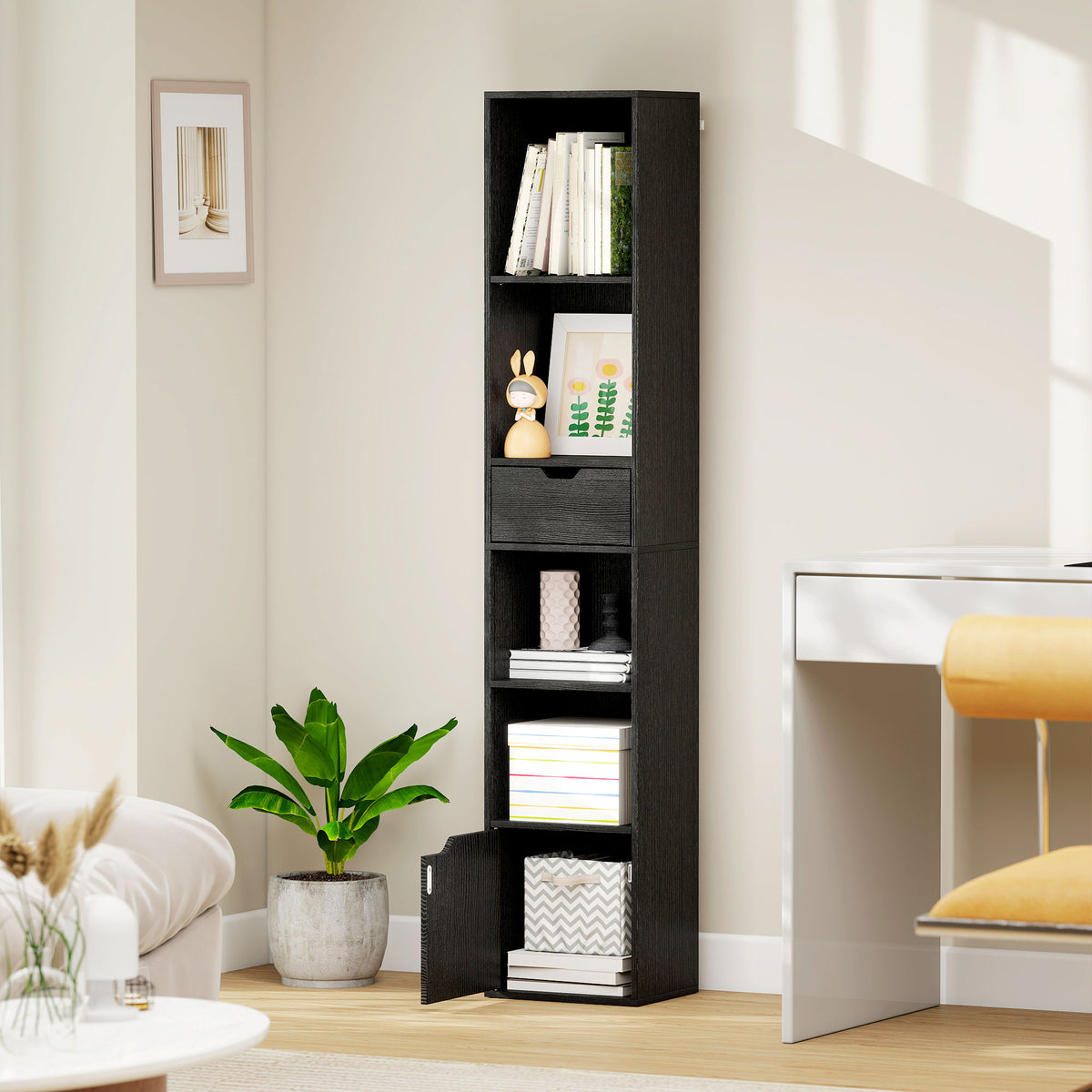 Libreria, scaffale per libri, mobile contenitore con cassetto, armadietto e scomparti a giorno, 30 x 24 x 158 cm, nero
