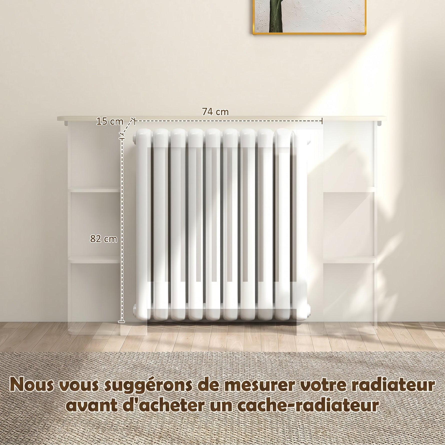 Cache-radiateur avec étagères de rangement ouvertes, couvercle de radiateur en bois à lattes, 124x19x83cm, blanc
