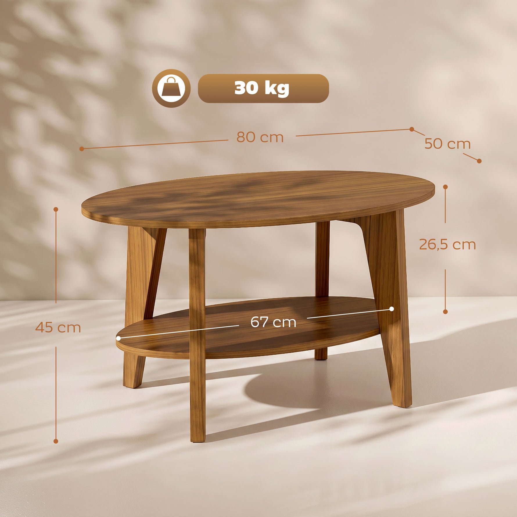 Table Basse Ovale à 2 Niveaux, Table de Salon Moderne avec Étagère Inférieure Ouverte, 80 x 50 x 45 cm, Chêne