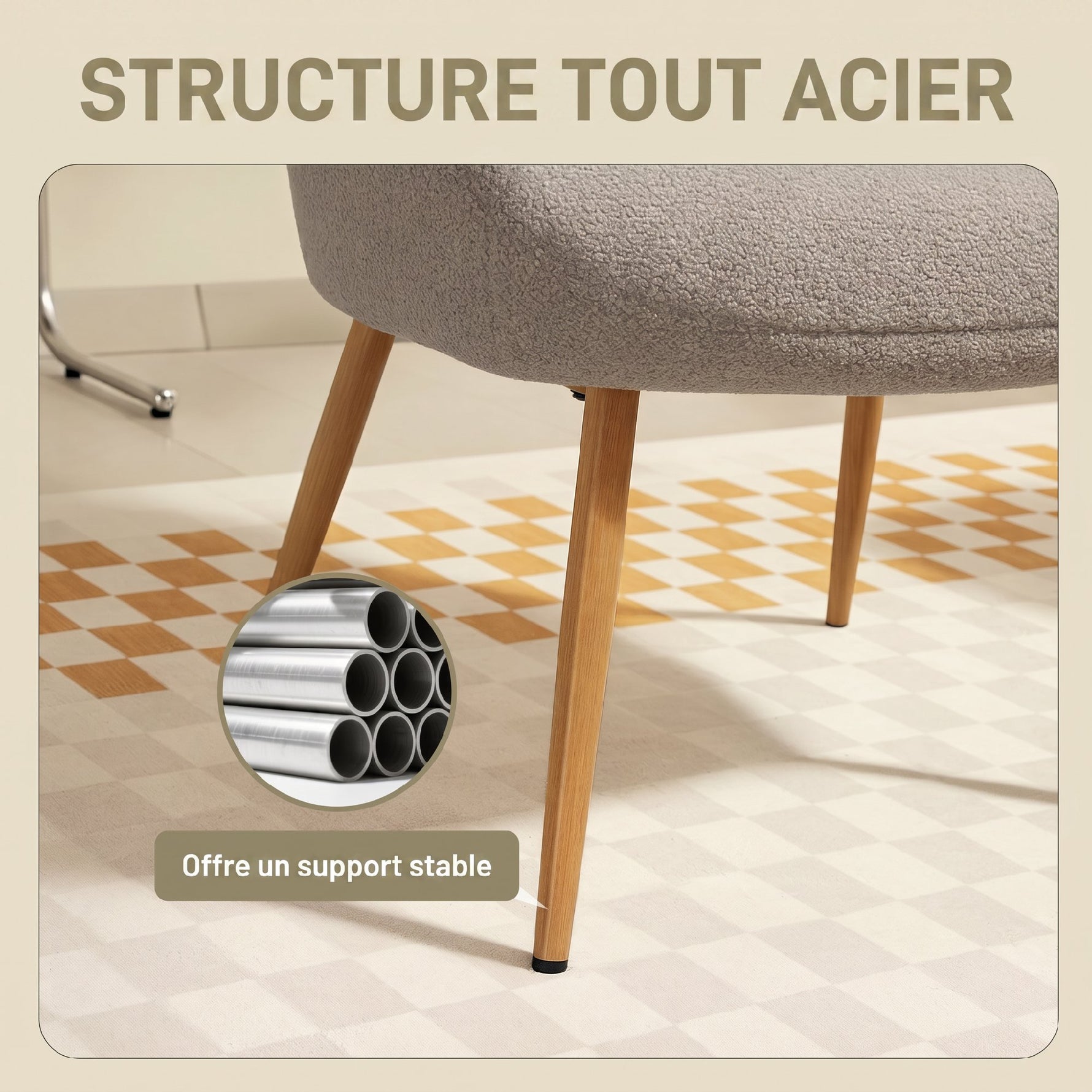 Fauteuil salon, fauteuil d'appoint rembourré en tissu bouclette avec haut dossier et accoudoirs, 71x74x97,5cm, gris