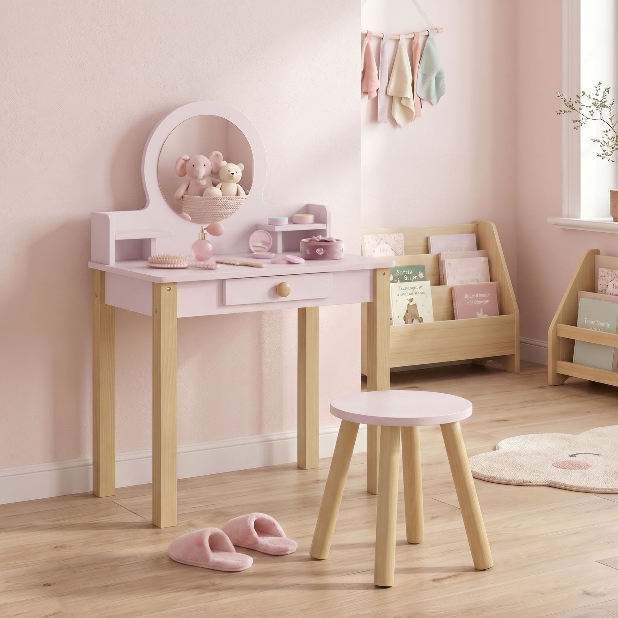 Coiffeuse enfant en bois avec miroir et tabouret, table de maquillage enfant avec tiroir et étagère, 3 à 6 ans, rose
