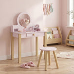 Toeletta per bambini in legno con specchio e sgabello, tavolo da trucco per bambini con cassetto e ripiano, da 3 a 6 anni, rosa