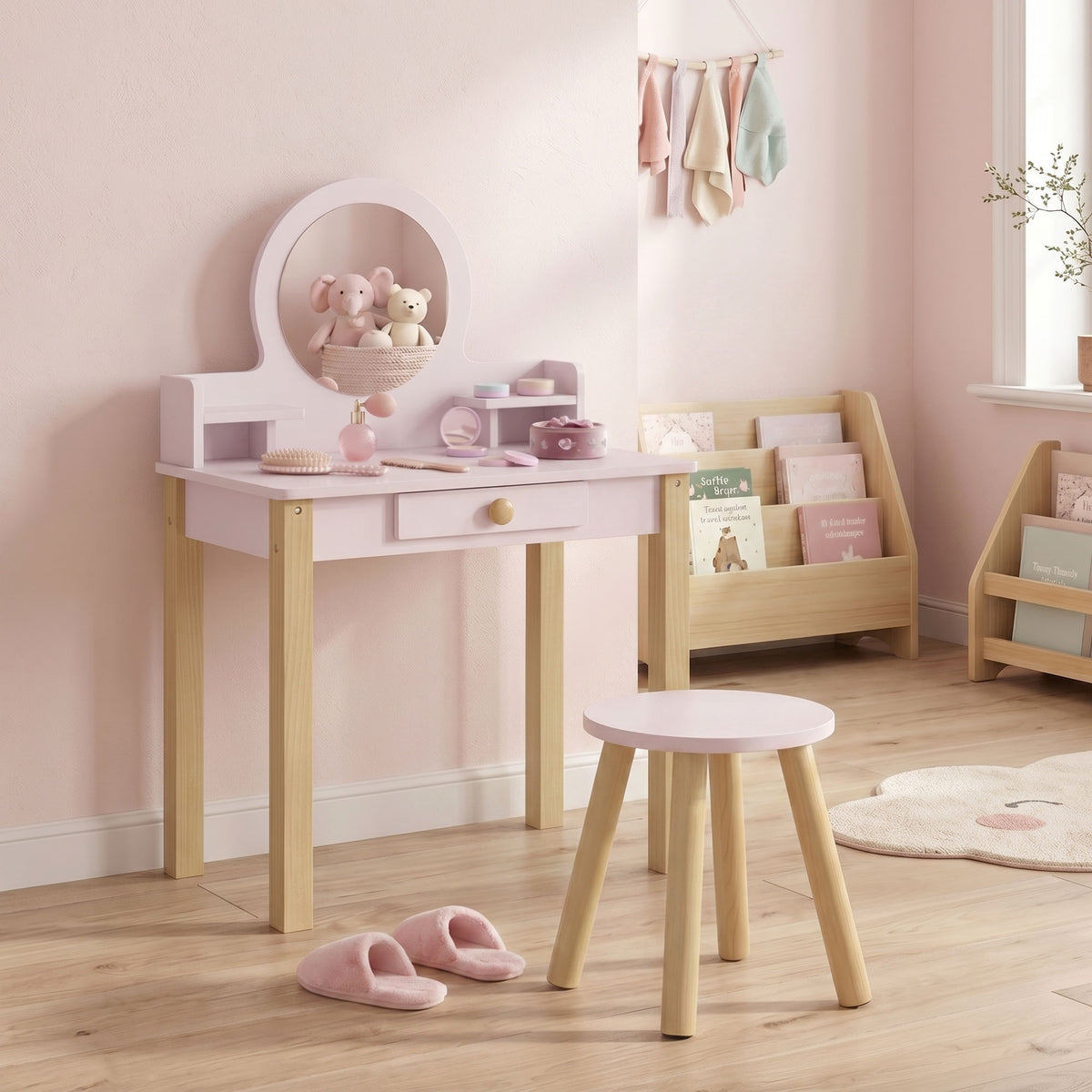Toeletta per bambini in legno con specchio e sgabello, tavolo da trucco per bambini con cassetto e ripiano, da 3 a 6 anni, rosa