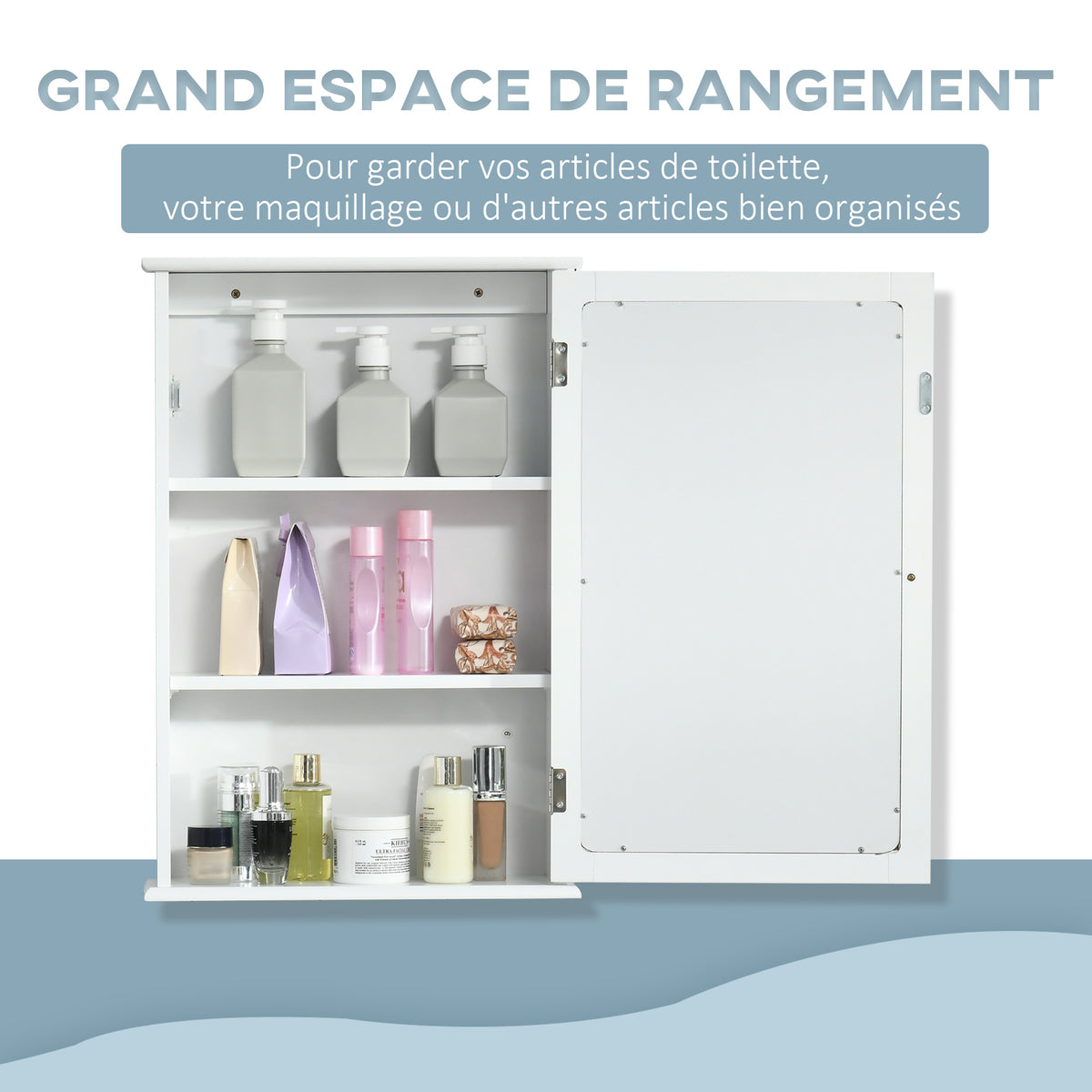 Badezimmer-Wandschrank mit Spiegel - Spiegelschrank - WC-Aufbewahrungsschrank - 1 Tür, 2 Ablagen - Glas MDF Weiß
