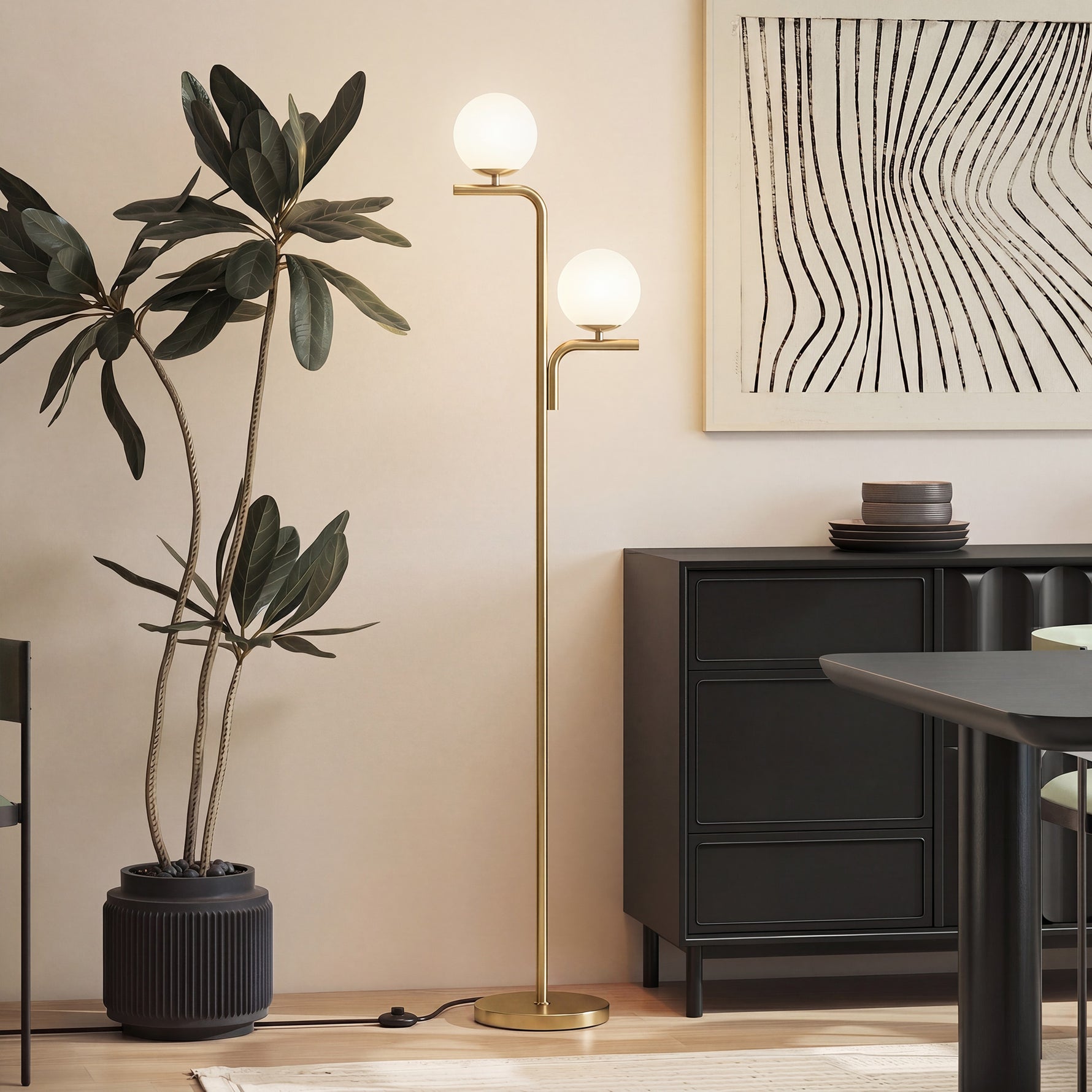 Lampadaire sur Pied Salon à Double Tête, Lampe sur Pied avec 3 Températures de Lumière, Abat-Jour en Verre, Doré