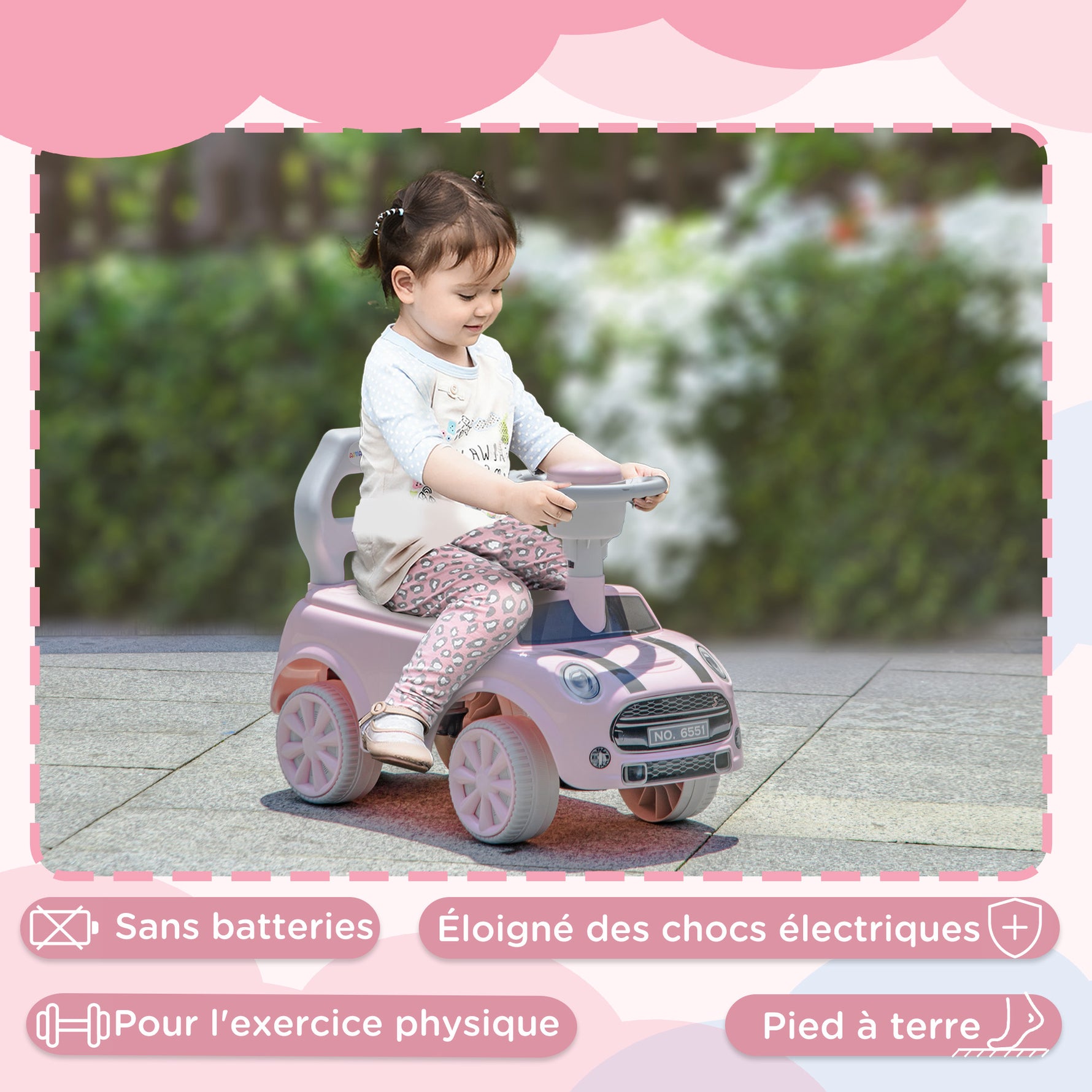Porteur Enfants Voiture 18-36 Mois Volant klaxon et Butée Anti-bascule Charge 25 kg 53x25x35 cm Rose