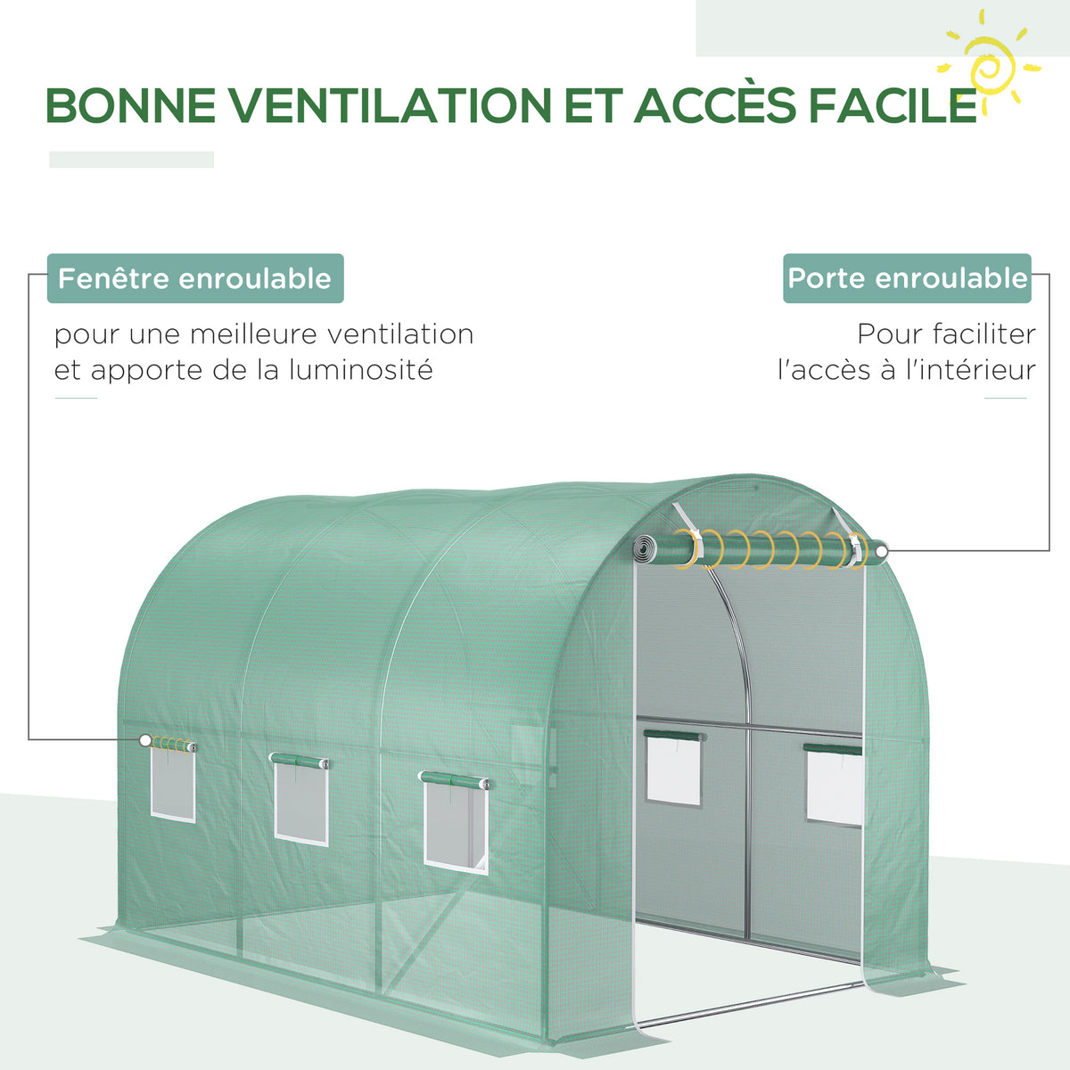 Bâche de Rechange Serre Tunnel 6 m², bâche 3 x 2 x 2 m PE Anti-UV imperméable 6 fenêtres + Porte Enroulable zippée Vert