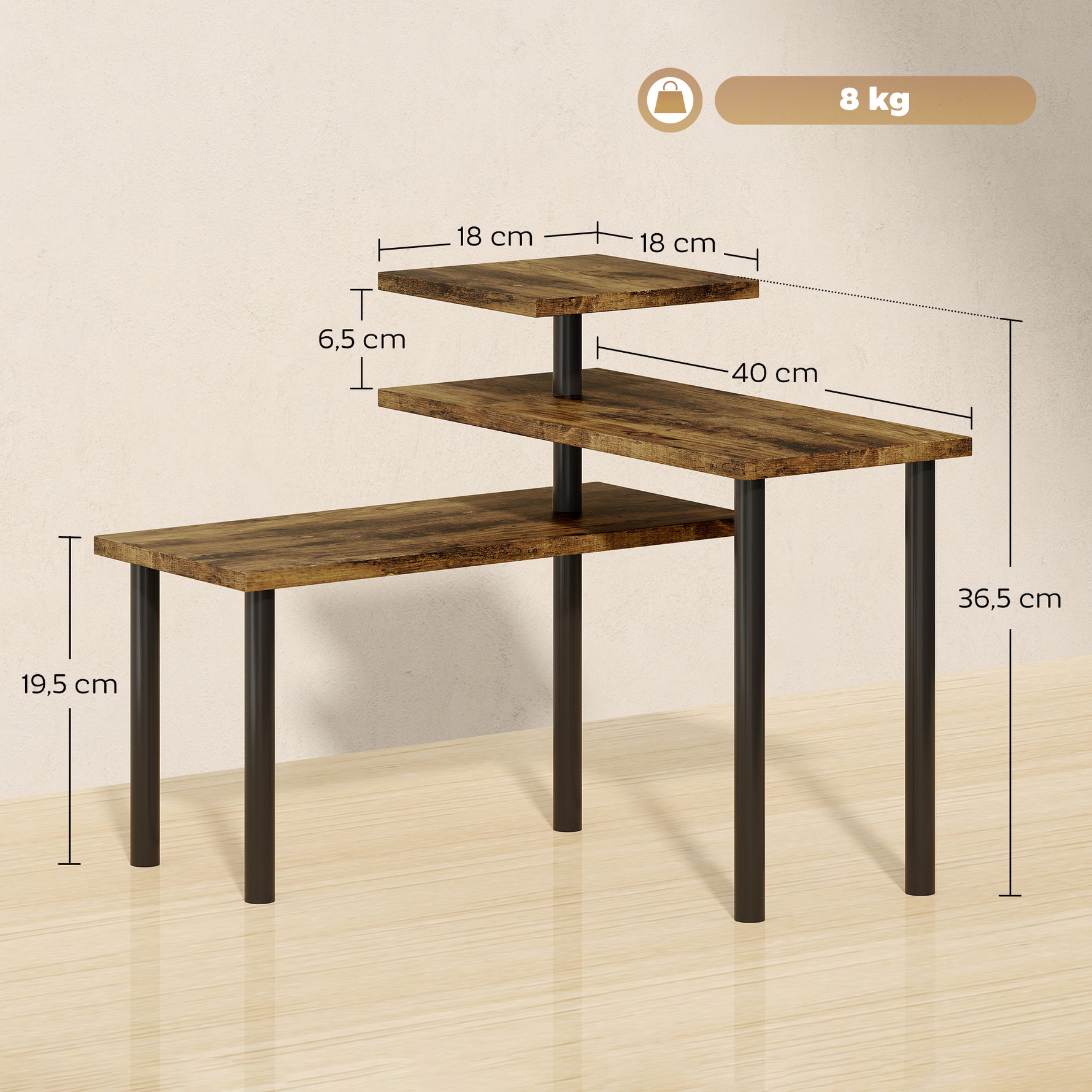 Étagère de cuisine rotative à 3 niveaux, étagère d'angle, cadre en métal, 40 x 18 x 36,5 cm, brun rustique