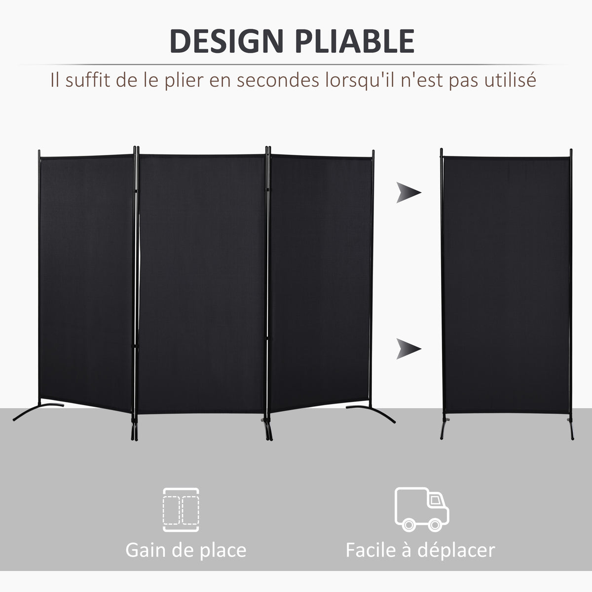 Paravent 3 panneaux dim. 2,53L x 0,5l x 1,82H m Store latéral Brise-Vue paravent sur Pied séparateur métal Polyester