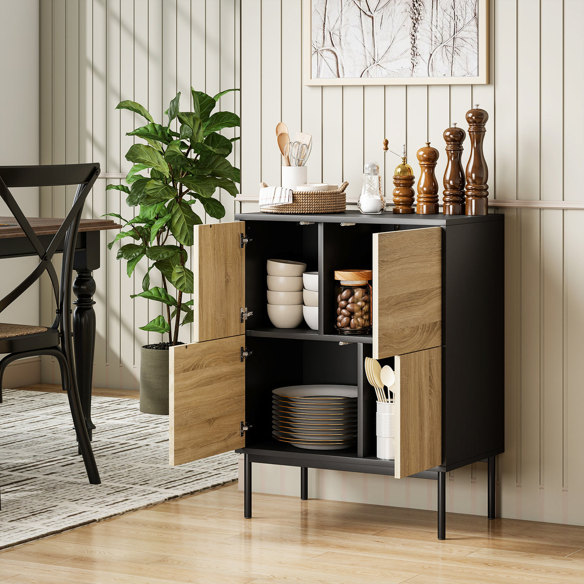 Buffet salon meuble de rangement armoire de cuisine portes à pousser et 4 placards style moderne 60 x 35 x 78 cm, noir