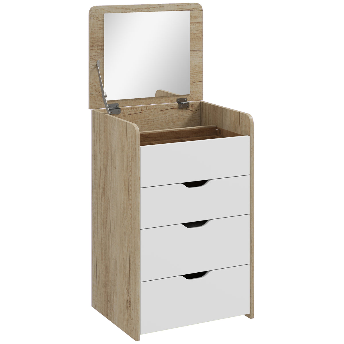 Dressing table with flip-top mirror and storage stool, makeup table, 2 drawers, padded seat, white oak
