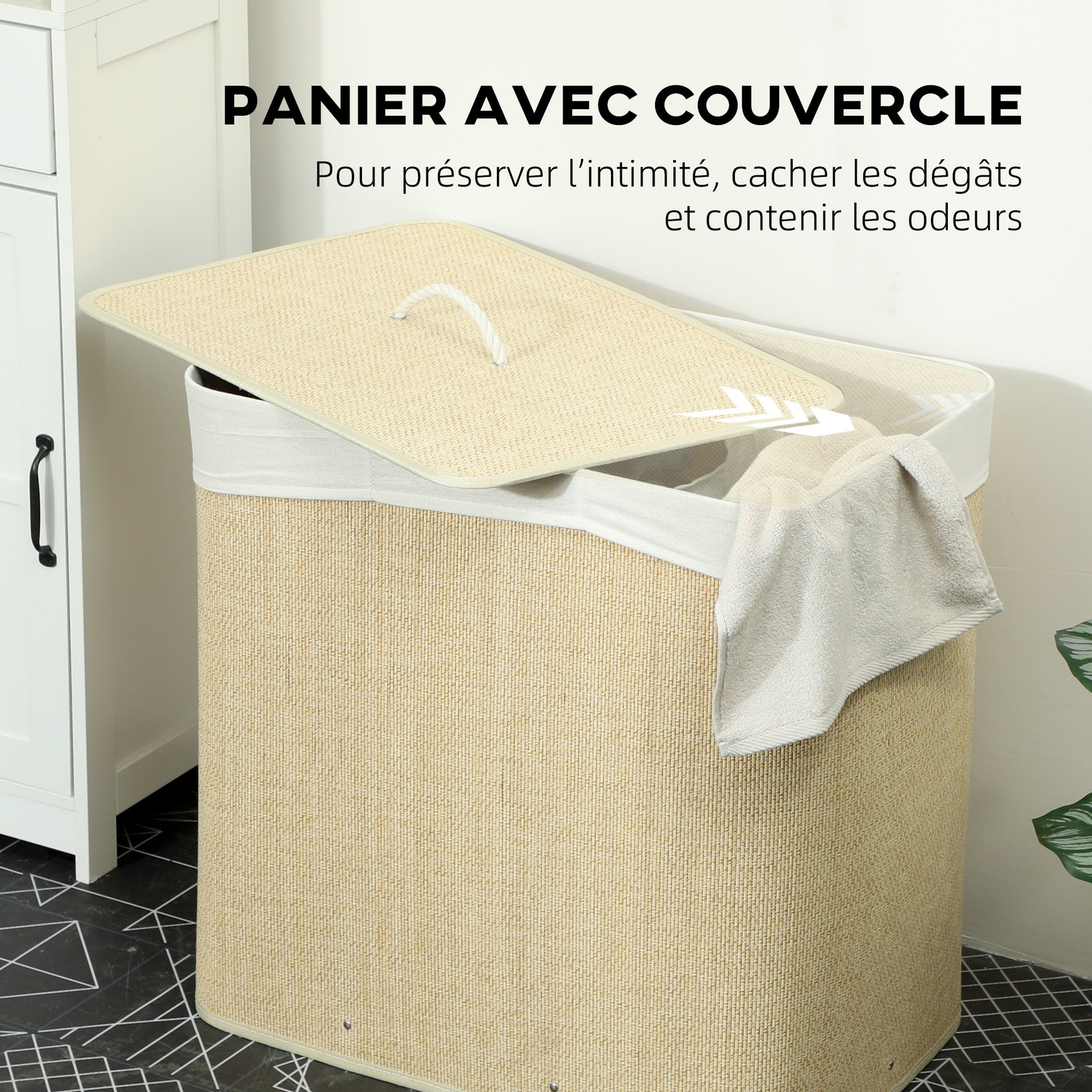Panier à linge à trois compartiments avec couvercle, panier à linge en bambou 144 L avec poignées en corde