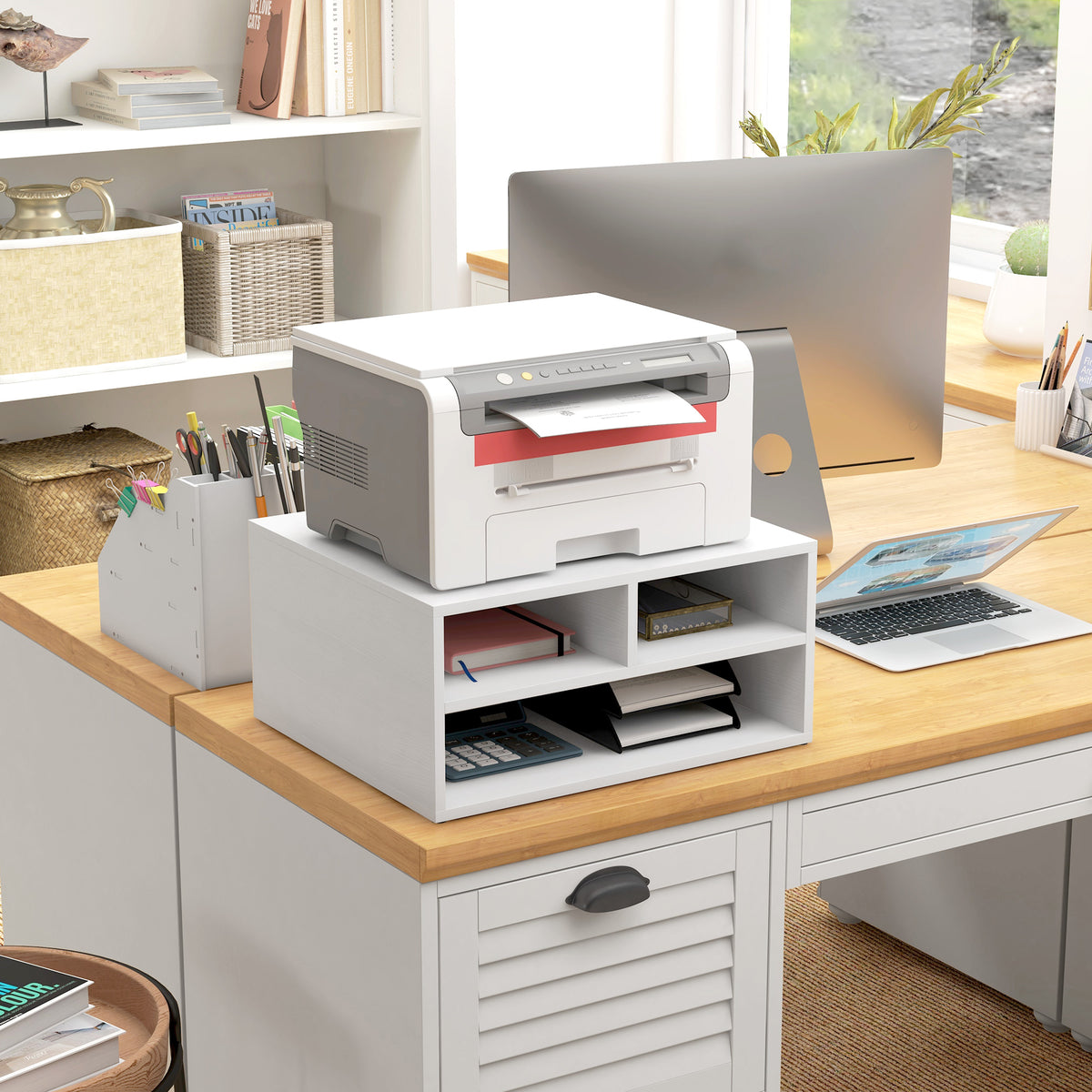 Organiseur bureau aspect blanc avec 3 compartiments fournitures support d'imprimante 47 x 40 x 22,5 cm