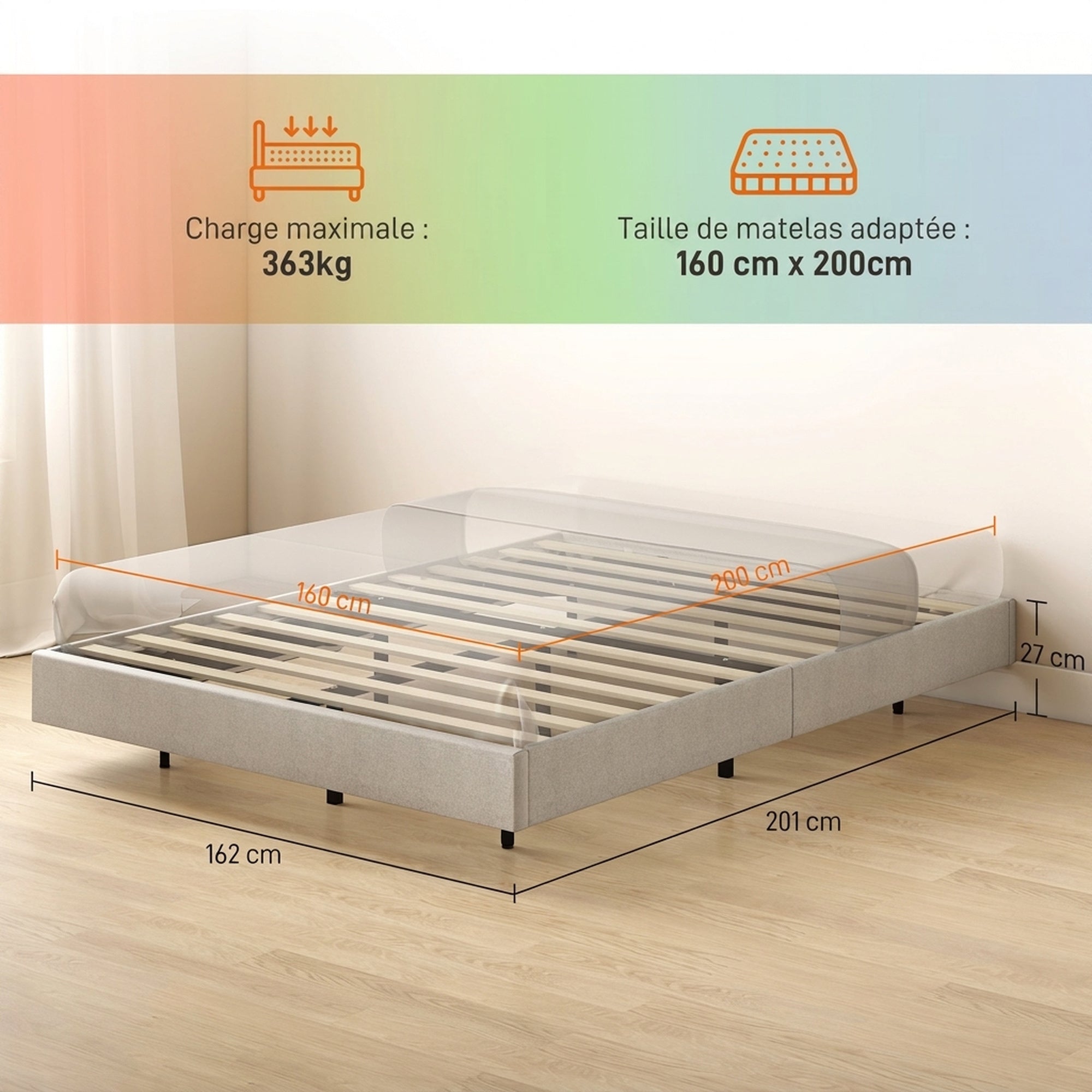 Lit Flottant 160 x 200 cm avec Éclairage LED Intelligent, Cadre de Lit Double Rembourré en Lin, Montage Facile, Beige