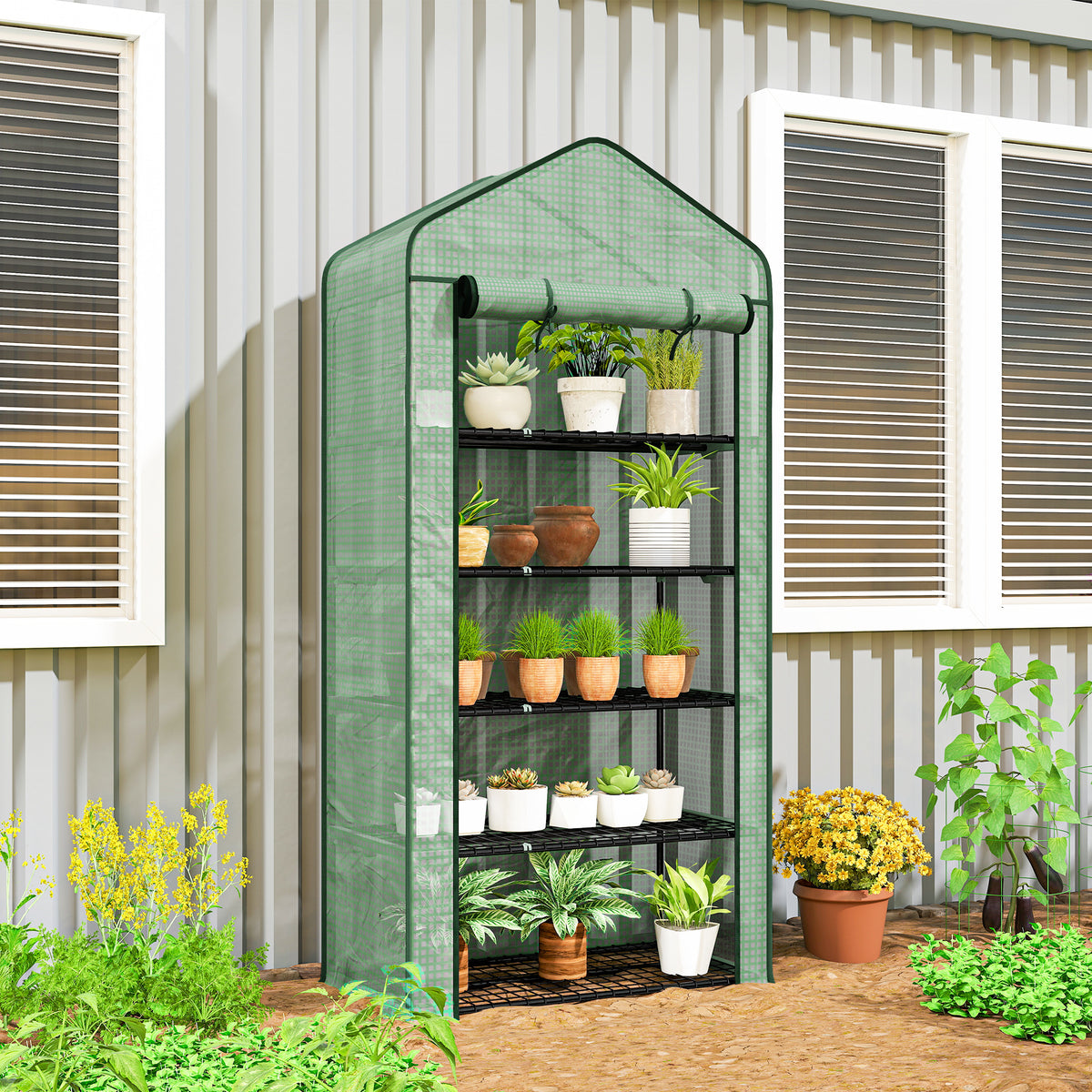 Serre de jardin Serre 5 niveaux avec 1 porte enroulable, Bâche en PE Renforcée Résistante dim. 90L x 49l x 193H cm