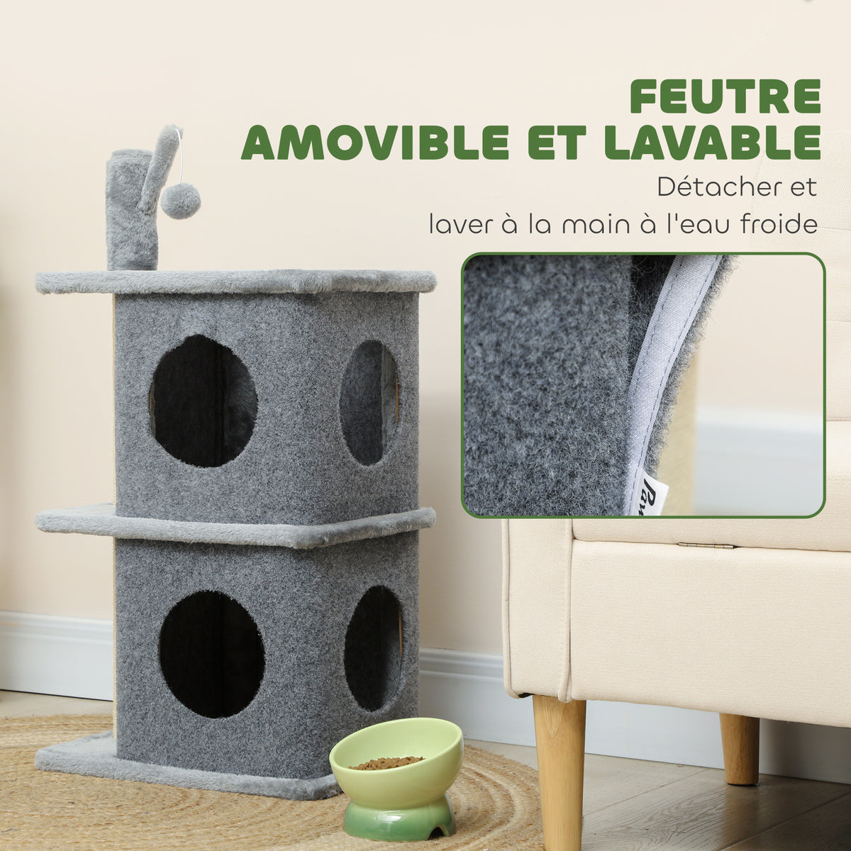 Arbre à chat à 3 niveaux tour pour chat 2 niches et surface de repos confortable, balle 43 x 33 x 80 cm gris foncé-6