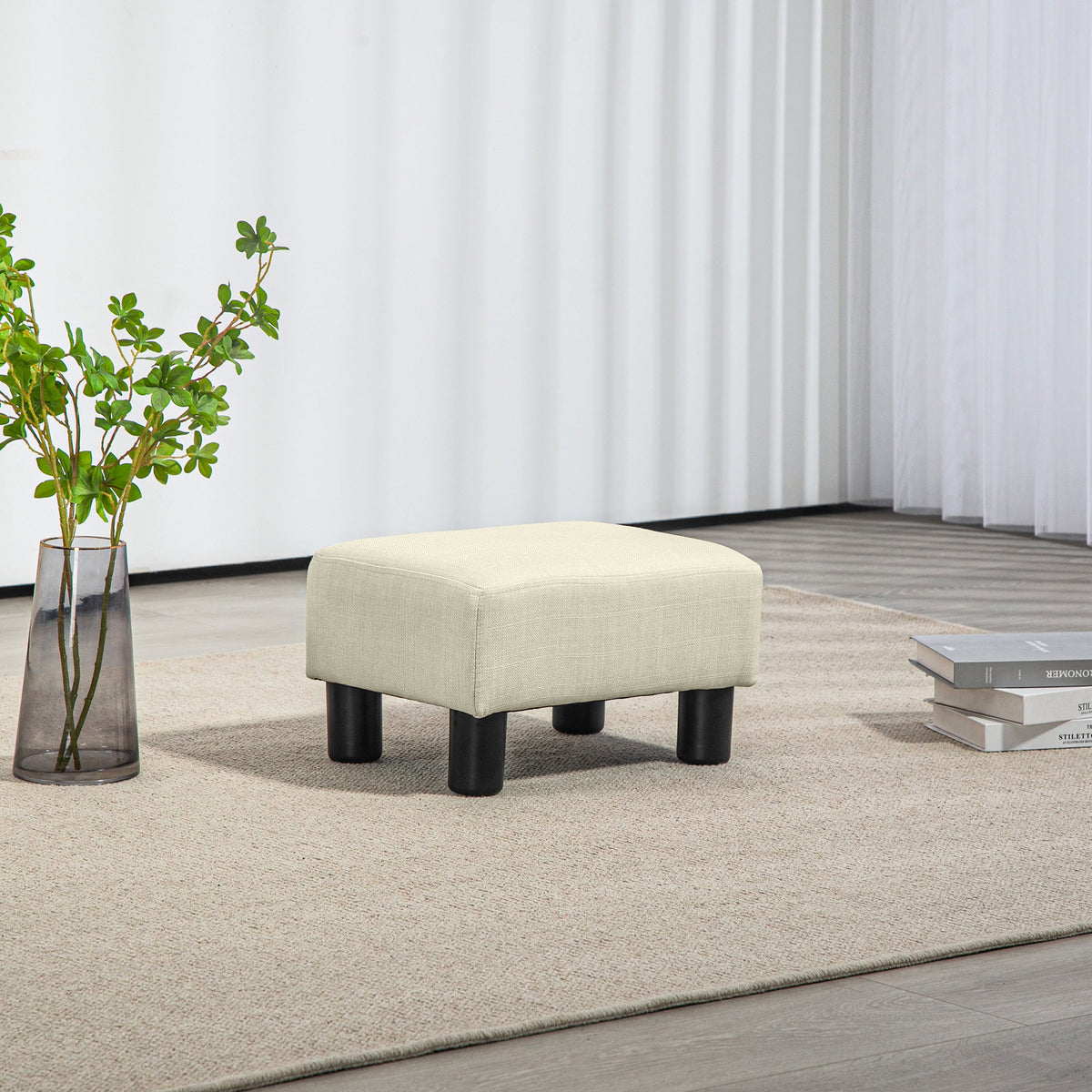 Pouf repose-pied tabouret bas en tissu de lin capacité de charge 110 Kg 40 x 30 x 24 cm beige