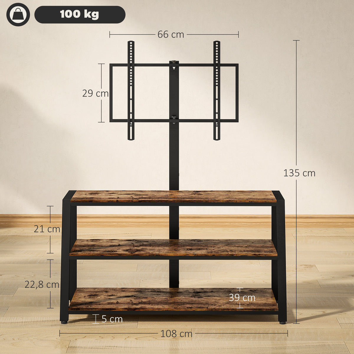 Meuble TV avec support pour téléviseurs de 32-70 pouces, étagères ouvertes, angle ajustable 35°, 108x41x135cm, marron