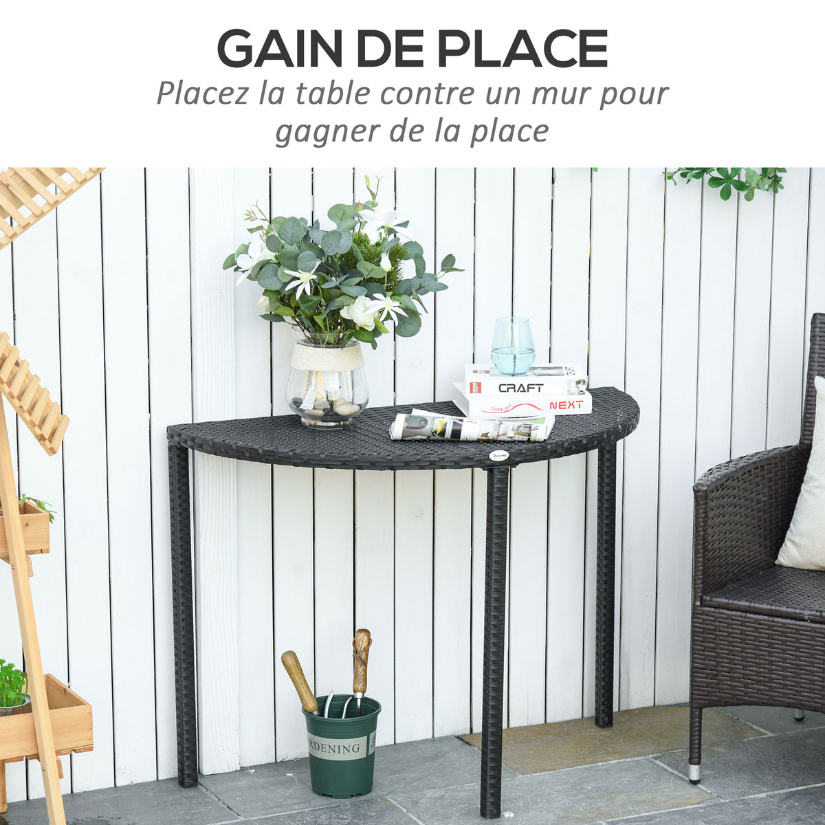 Table de jardin demi cercle - table de balcon demi lune - 100L x 50l x 74H cm résine tressée 4 fils imitation