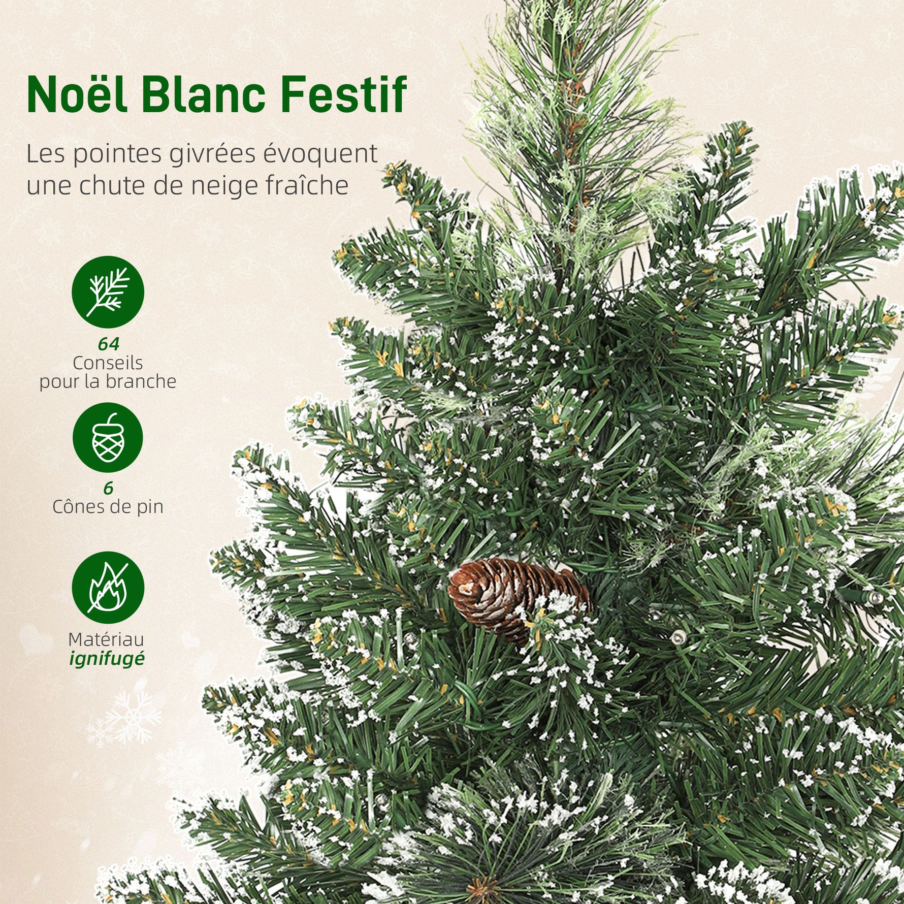 Sapin de Noël artificiel 60 cm, mini arbre de Noël de table floqué avec 35 LED, pommes de pin, fonctionne à piles, vert