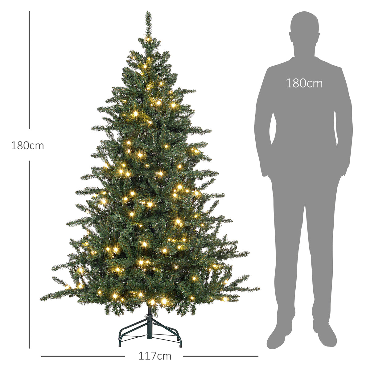 Sapin de Noël Artificiel 180 cm arbre de Noël lumineux LED blanc chaud 872 branches base en métal - vert