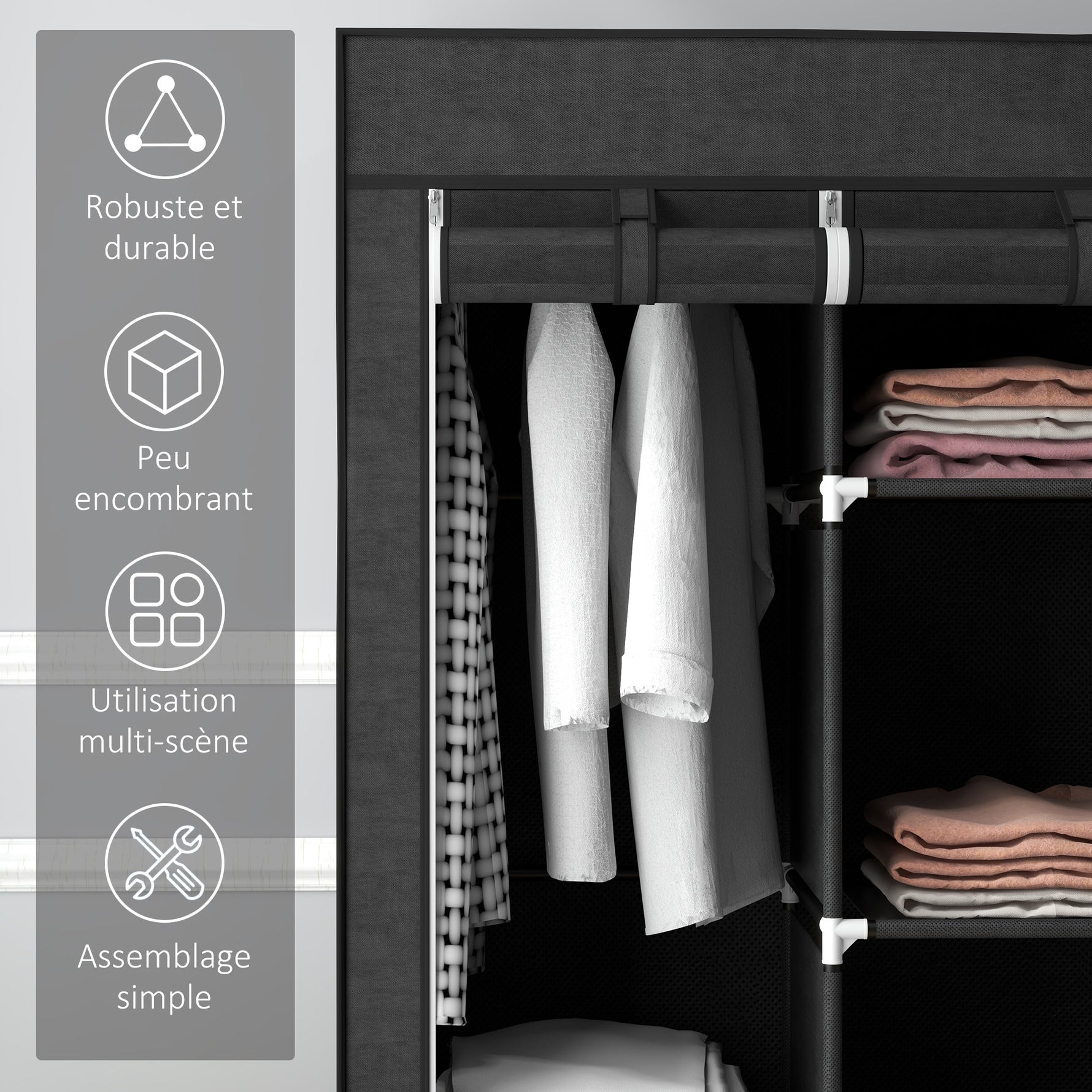Armoire penderie multi-rangement - 8 étagères, 2 barres - non tissé noir