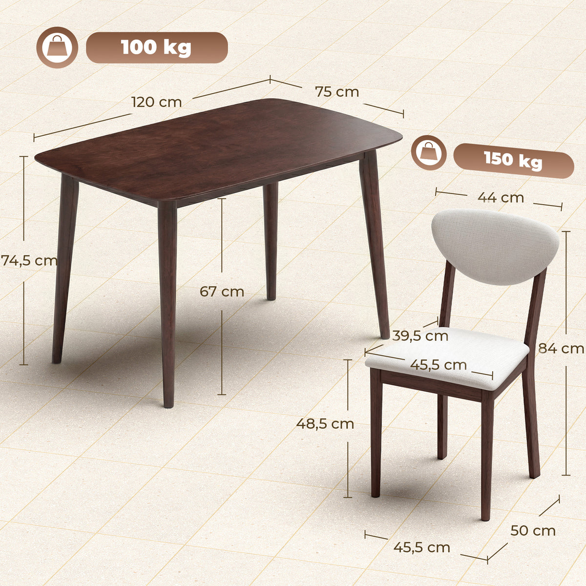 Ensemble table salle à manger avec 4 chaises table de cuisine avec chaises 4 personnes assise rembourrée noyer crème