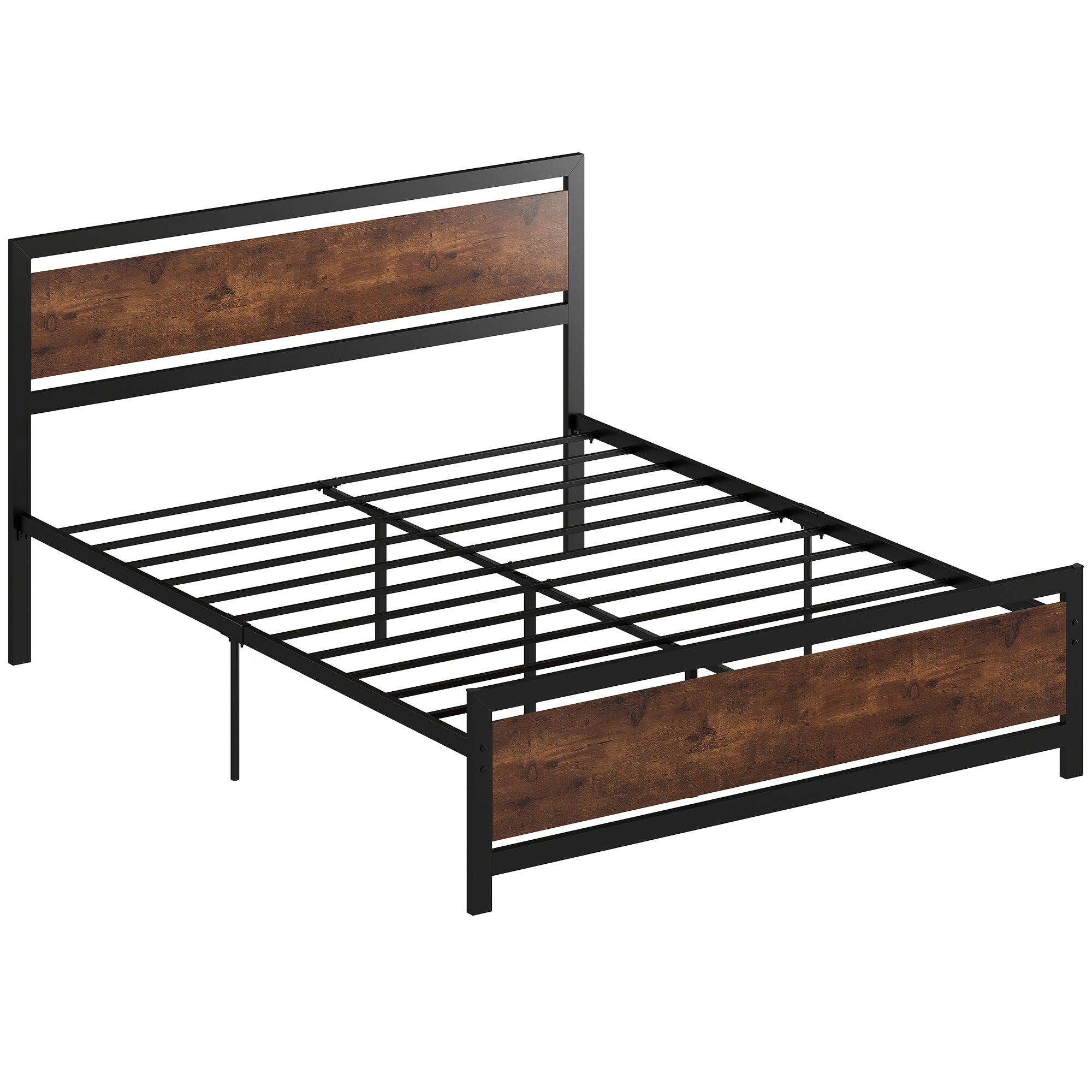 Cadre de lit double 200 x 160 cm en acier avec sommier et tête de lit compatible matelas aspect bois foncé