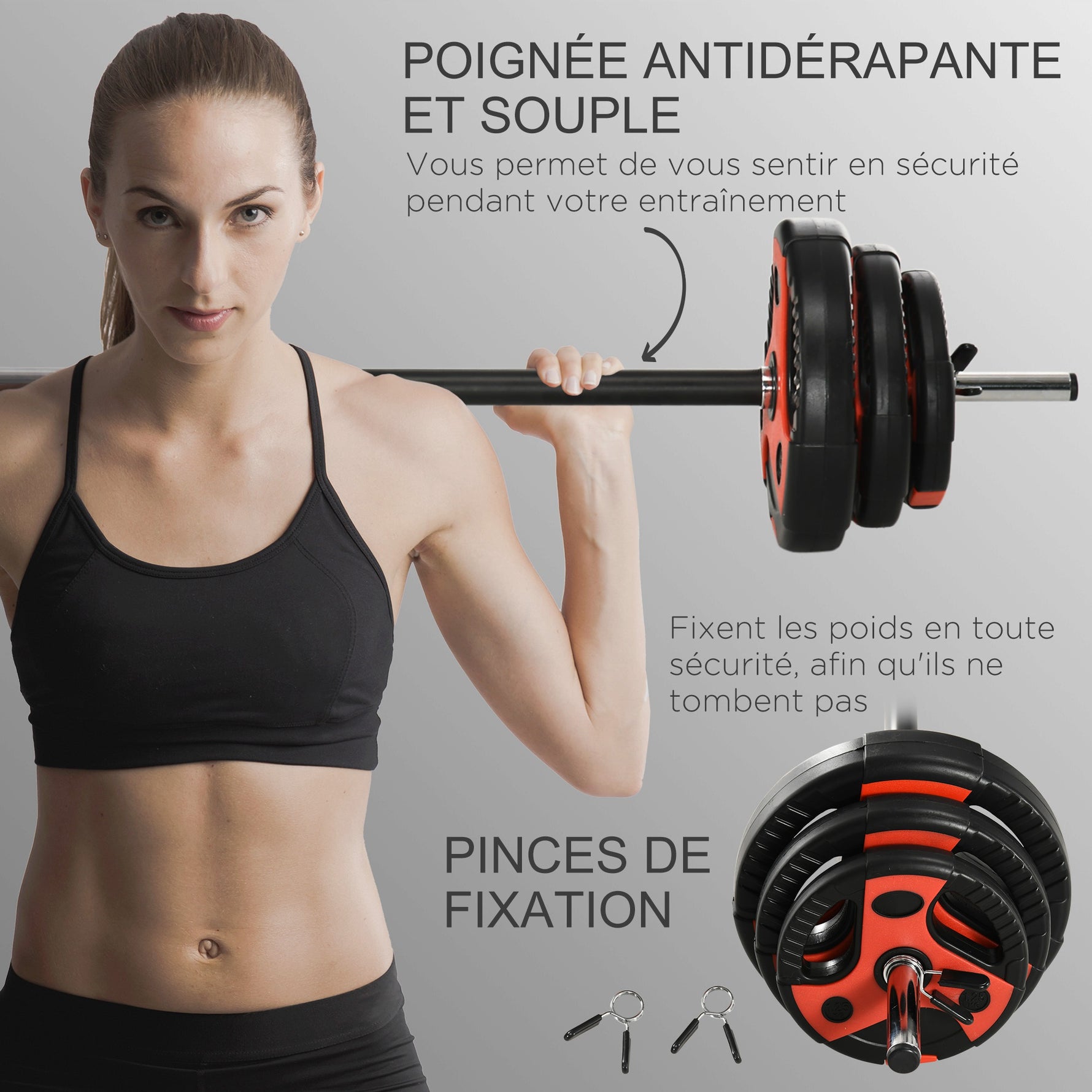 Ensemble d'haltère 20 kg kit barre de musculation avec poignée antidérapante, poids réglable, Ø 27 x 140 cm noir