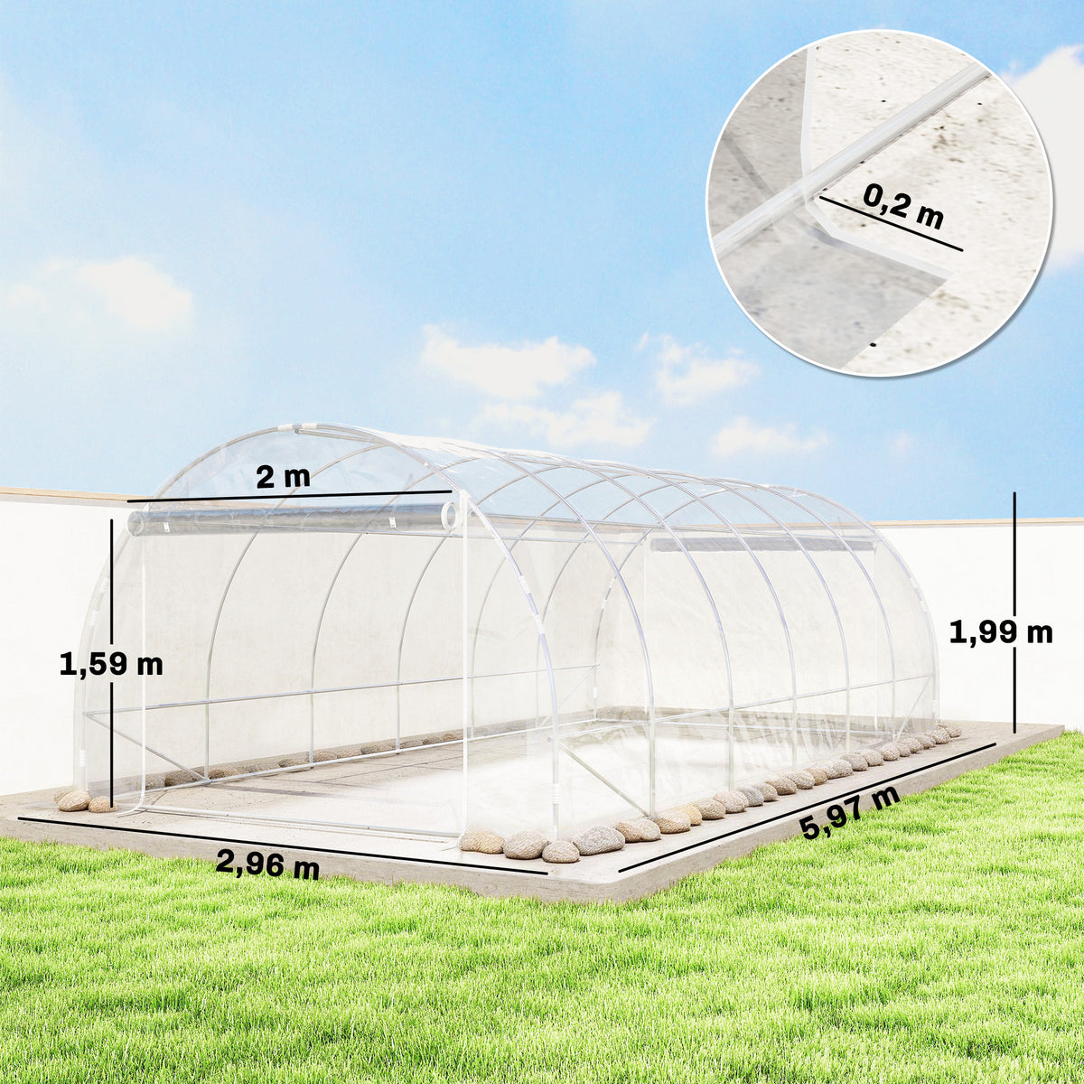 Serre tunnel de jardin 18m² serre de jardin tunnel 296x597x199cm cadre acier galvanisé, bâche PE 150g/m² transparent
