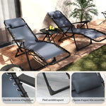 Lot de 2 chaise longue pliable et inclinable avec table d'appoint, porte-gobelets et appuie-têtes, charge 120 kg, gris