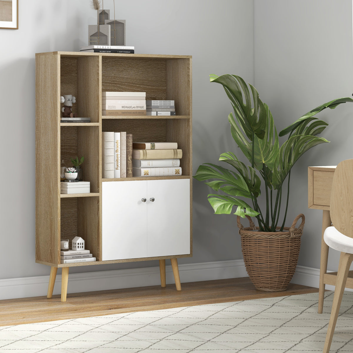 Bibliothèque scandinave meuble de rangement dim. 80L x 23,5l x 123H cm 5 niches placard 2 portes pieds effilés inclinés