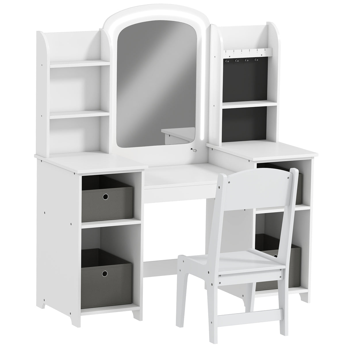 Coiffeuse pour enfants avec tabouret et miroir LED, table de maquillage pour 3 à 8 ans, 104 x 40 x 112 cm, blanc