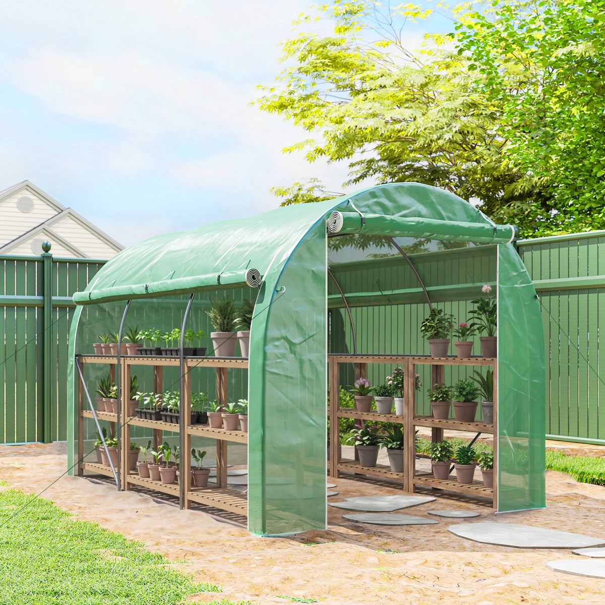 Serra a tunnel da giardino 6 m² 3 x 2 m con 1 porta + 2 pareti laterali avvolgibili con cerniera, 6 finestre, verde