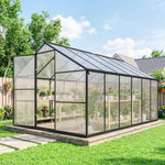 Serre de jardin en aluminium polycarbonate, serre avec fenêtres supérieures réglables 363x247x205cm noir